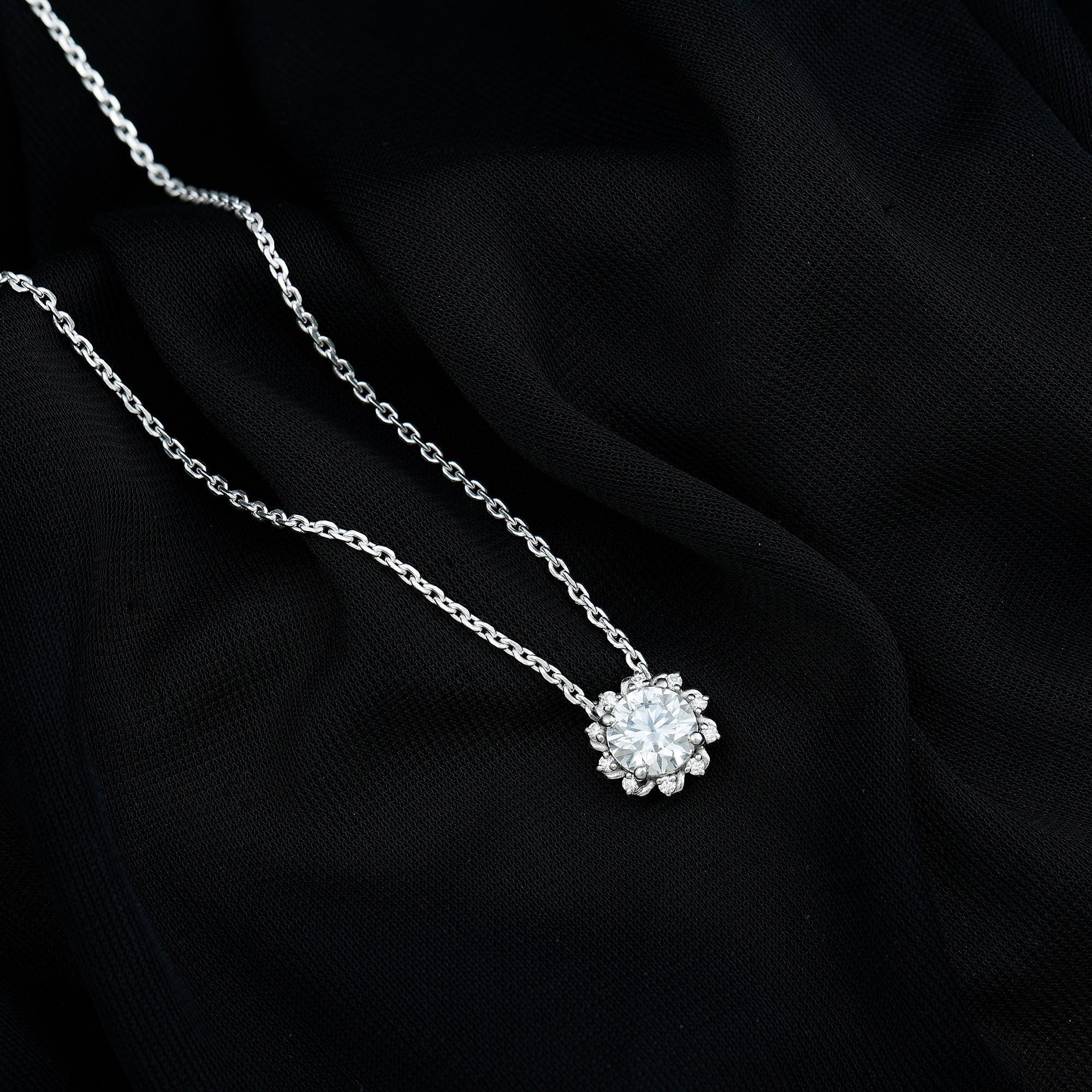 Certified 2 Carat Round Moissanite Sunburst Necklace With Silver Chain