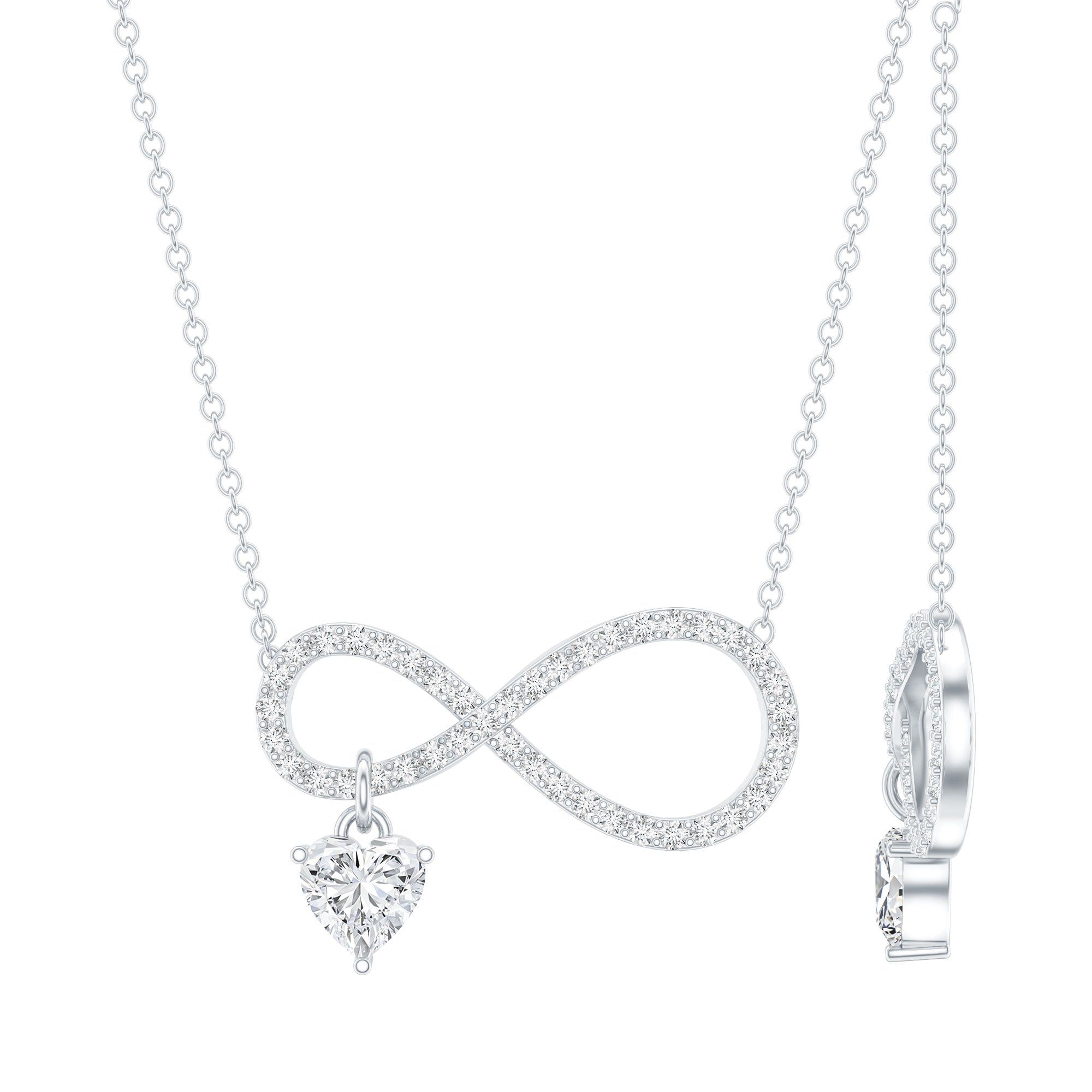 Sterling Silver Moissanite Infinity Necklace with Heart Charm
