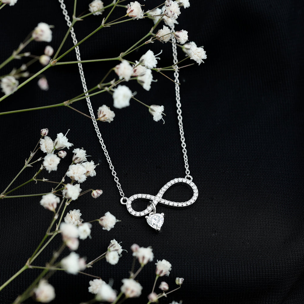 Sterling Silver Moissanite Infinity Necklace with Heart Charm