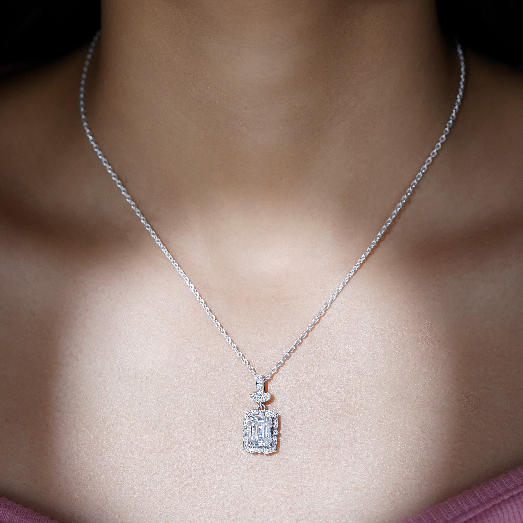 2.8 Carat Vintage Inspired Moissanite Emerald Cut Necklace With Silver Chain