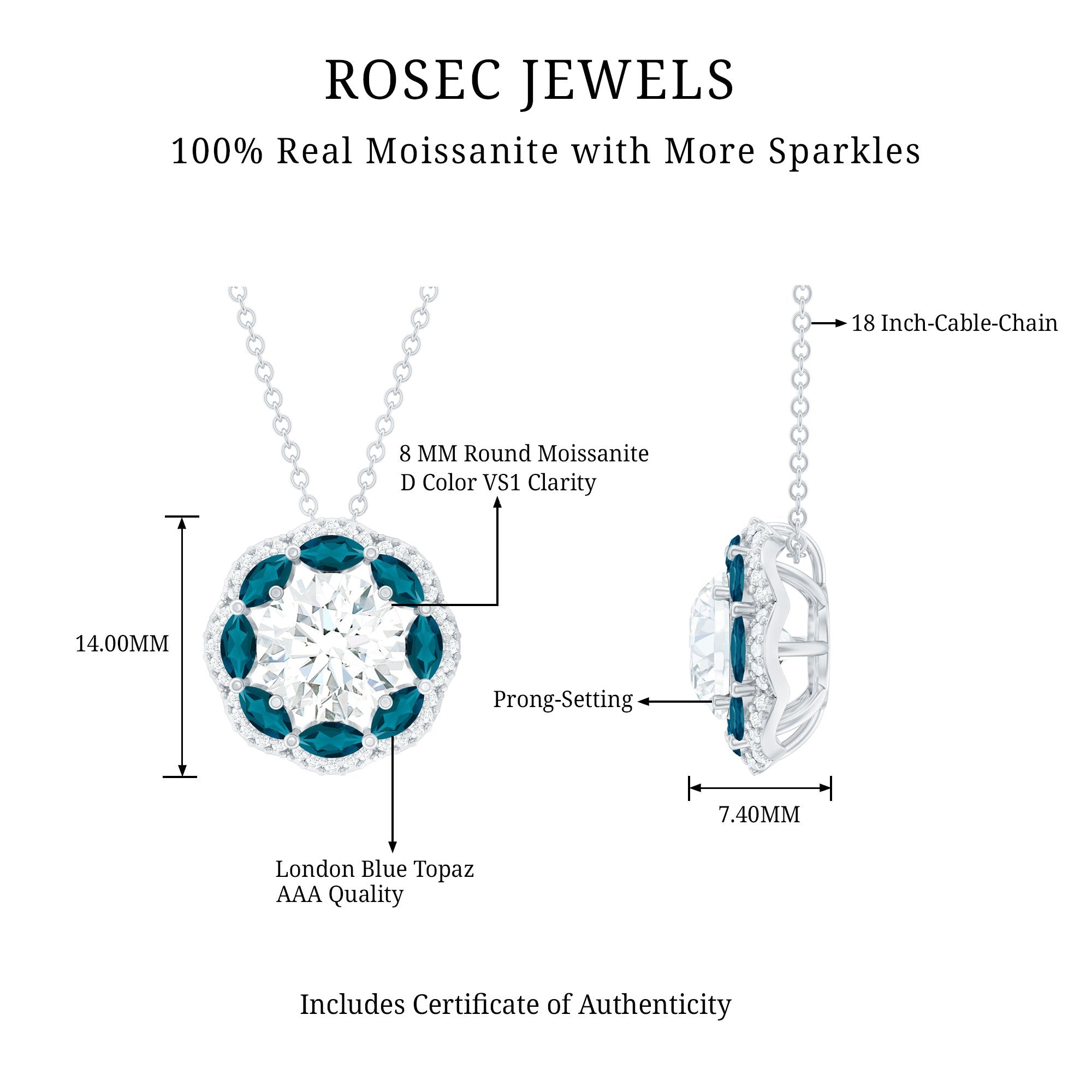 Certified 2 CT Moissanite and London Blue Topaz Flower Necklace With Silver Chain