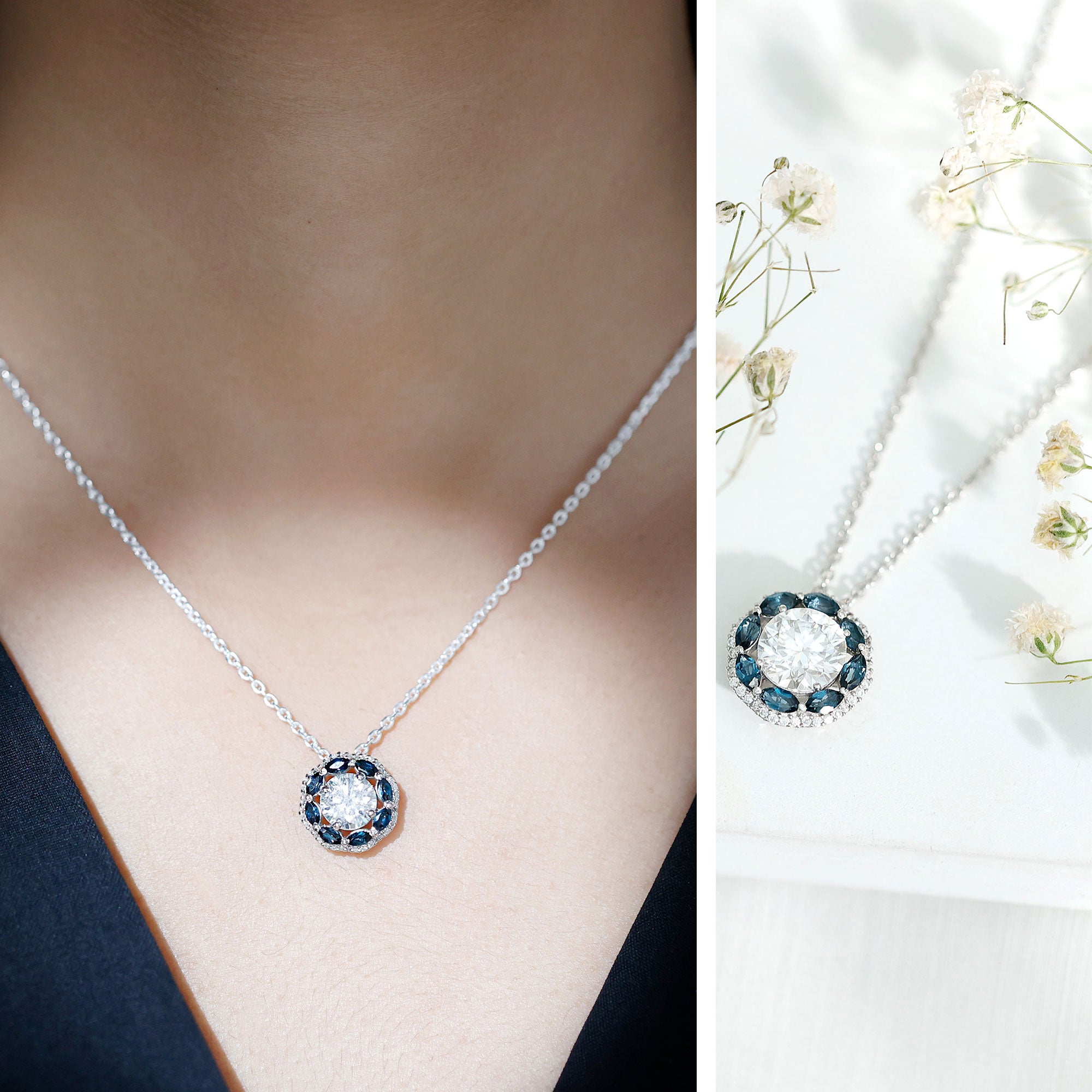 Certified 2 CT Moissanite and London Blue Topaz Flower Necklace With Silver Chain