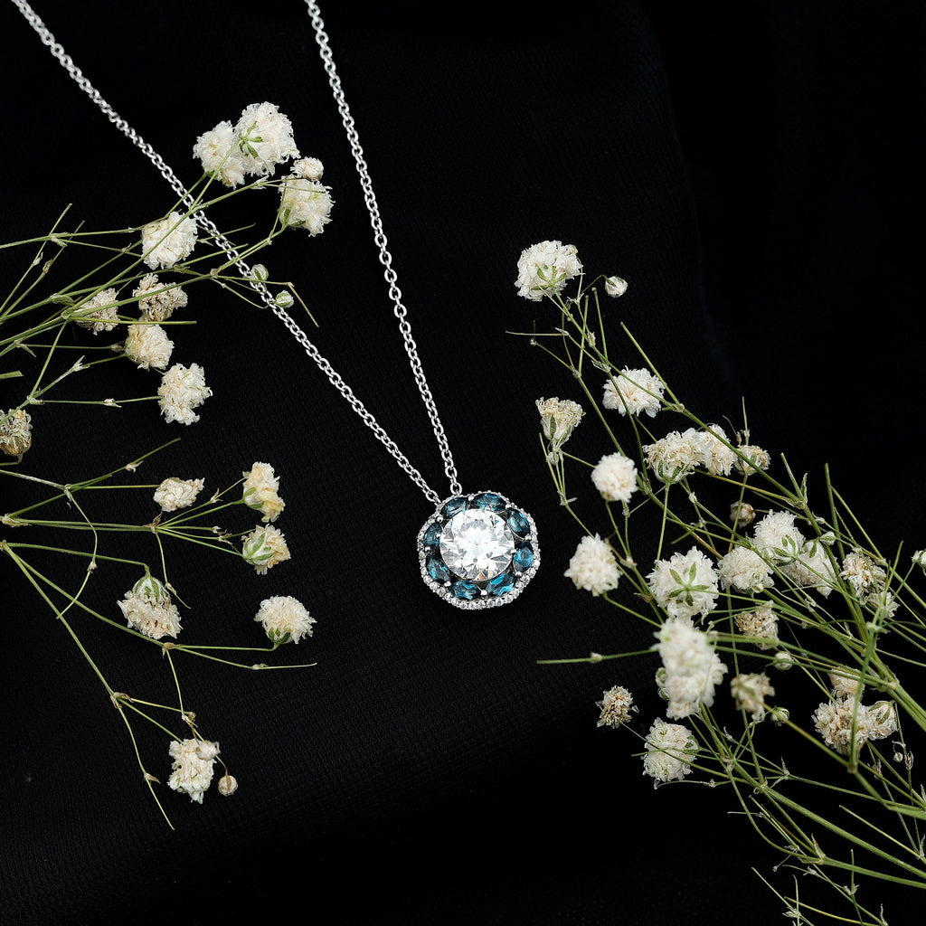 Certified 2 CT Moissanite and London Blue Topaz Flower Necklace With Silver Chain