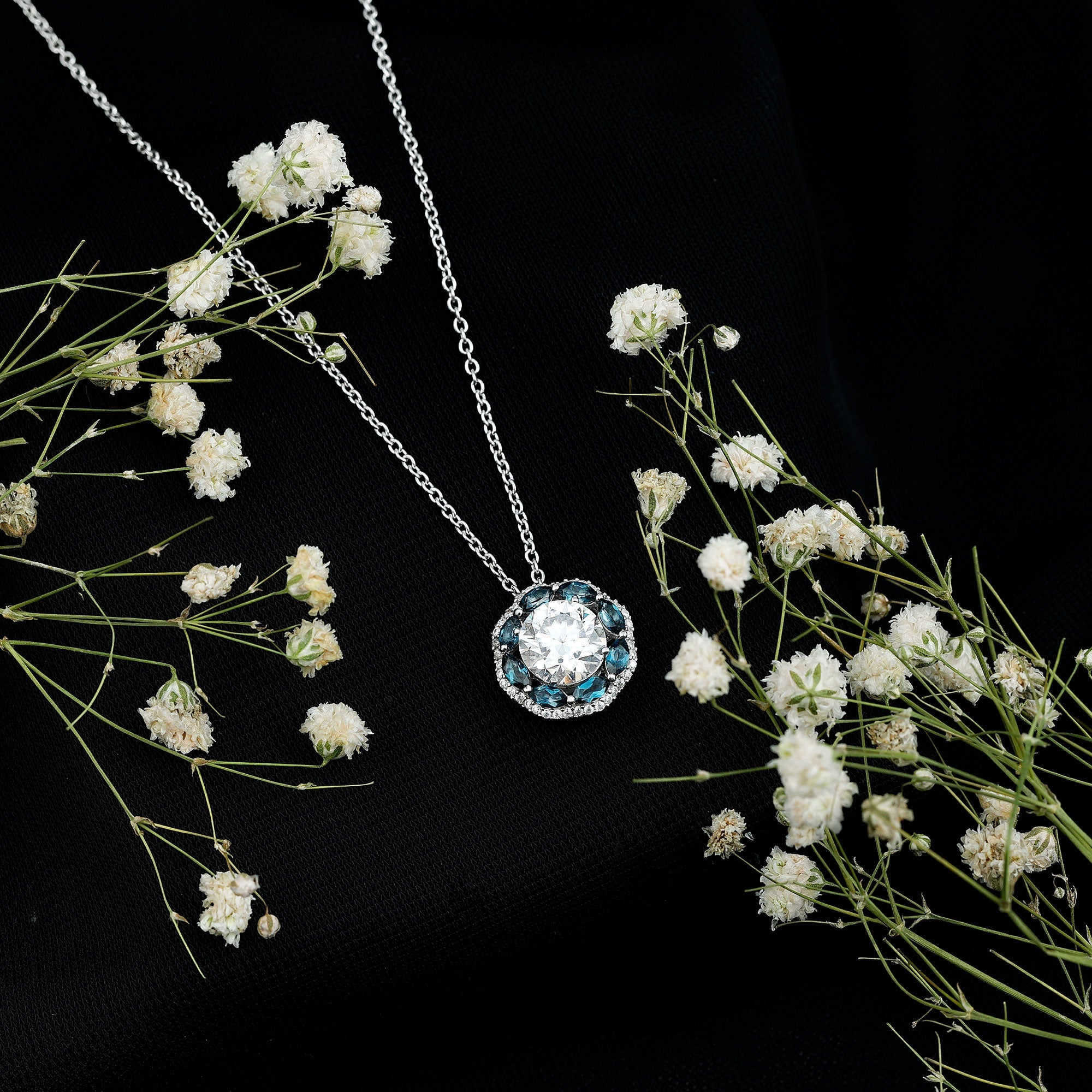 Certified 2 CT Moissanite and London Blue Topaz Flower Necklace With Silver Chain
