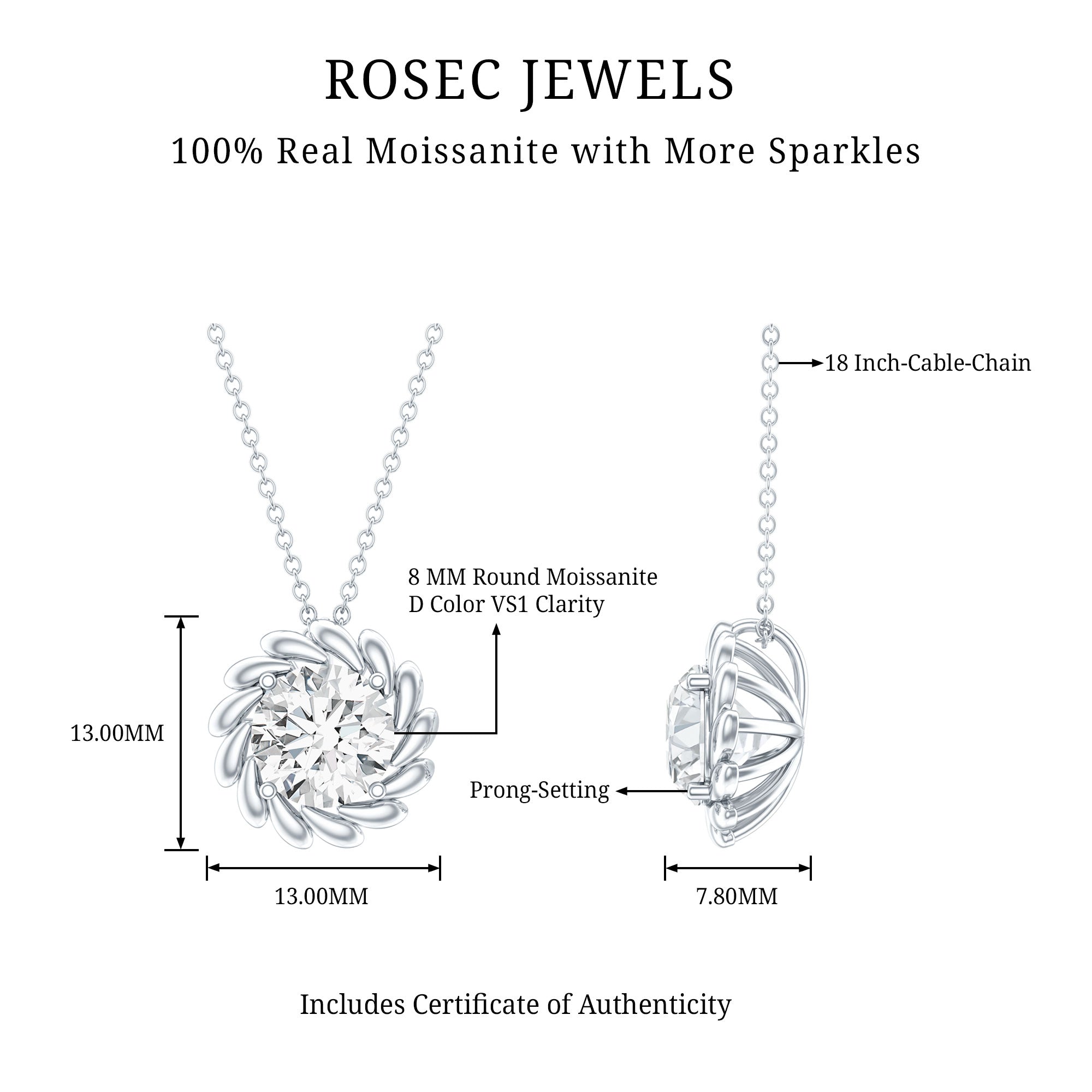Certified 2 Carat Moissanite Solitaire Necklace with Silver Chain
