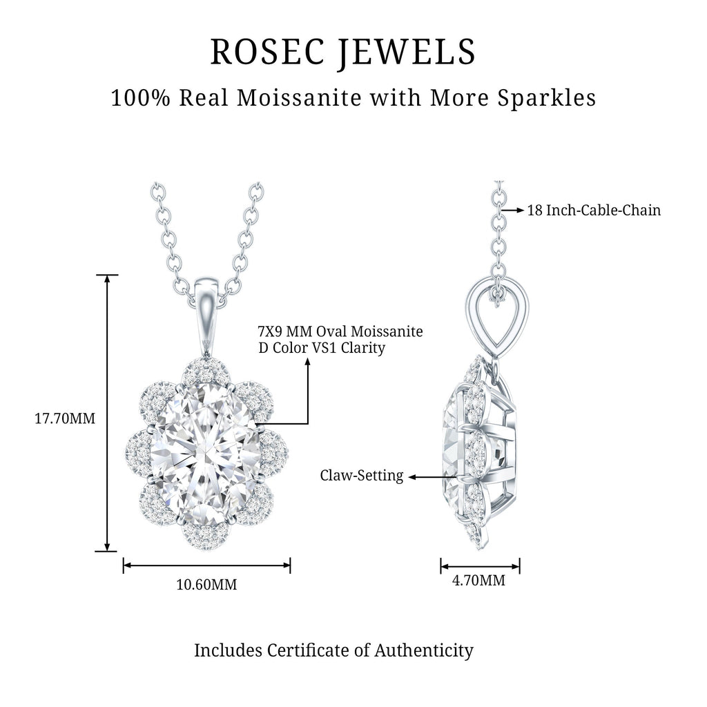 2 Carat Flower Inspired Moissanite Oval Necklace with Silver Chain