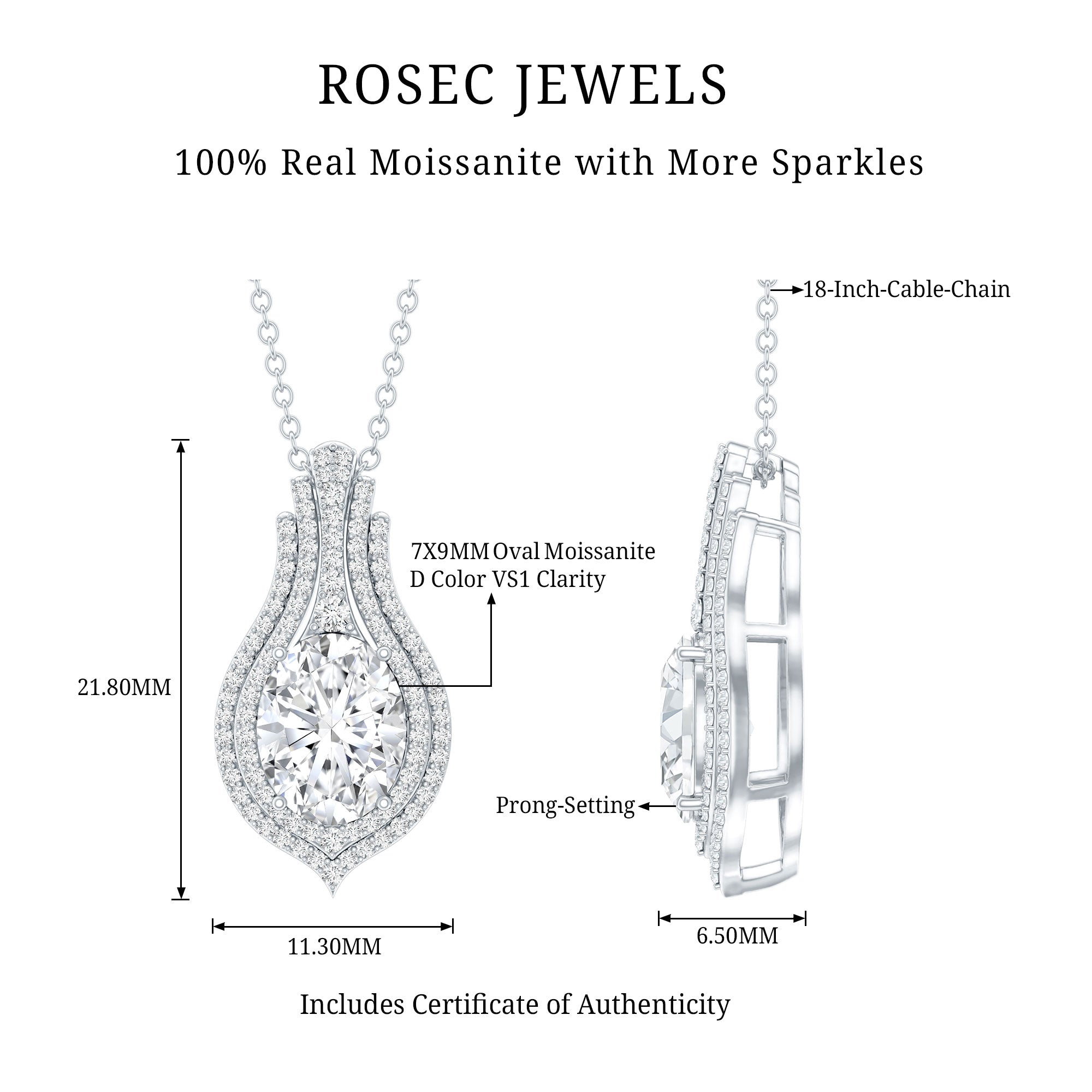 Certified 2 Carat Oval Moissanite Statement Wedding Necklace with Chain