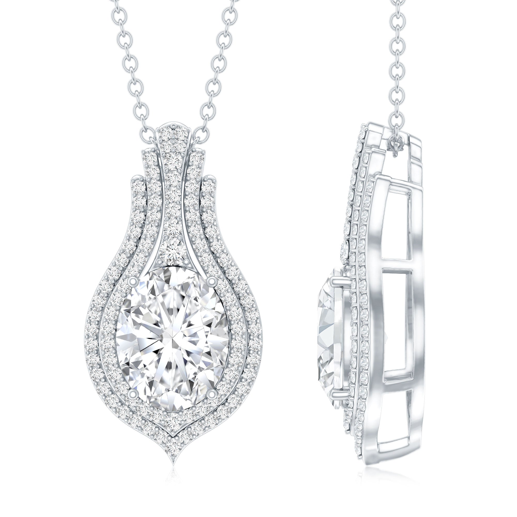 Certified 2 Carat Oval Moissanite Statement Wedding Necklace with Chain