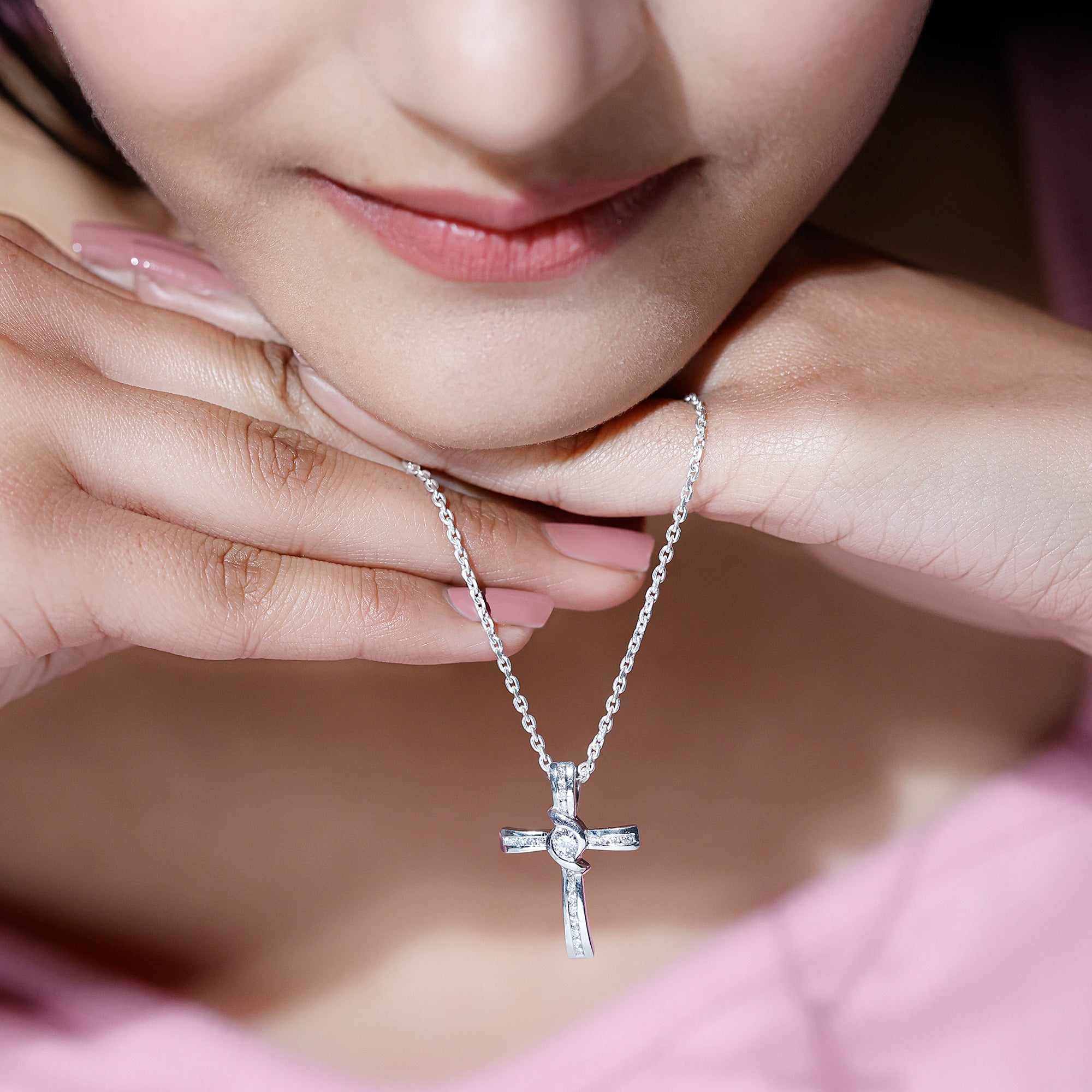 Certified Moissanite Cross Pendant Necklace with Silver Chain