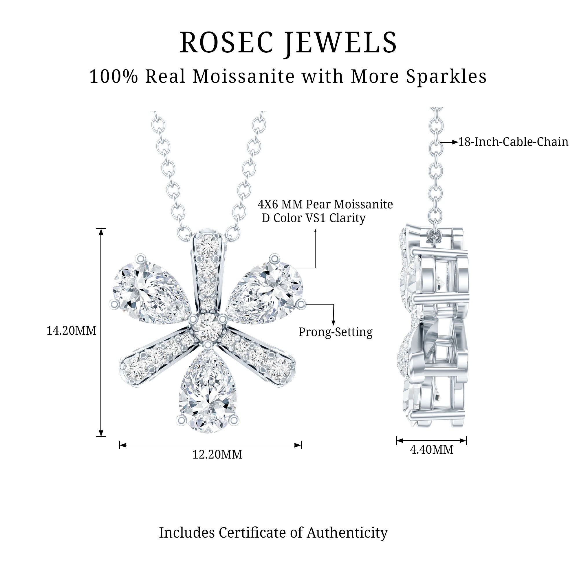 Certified Moissanite Flower Pendant Necklace with Silver Chain