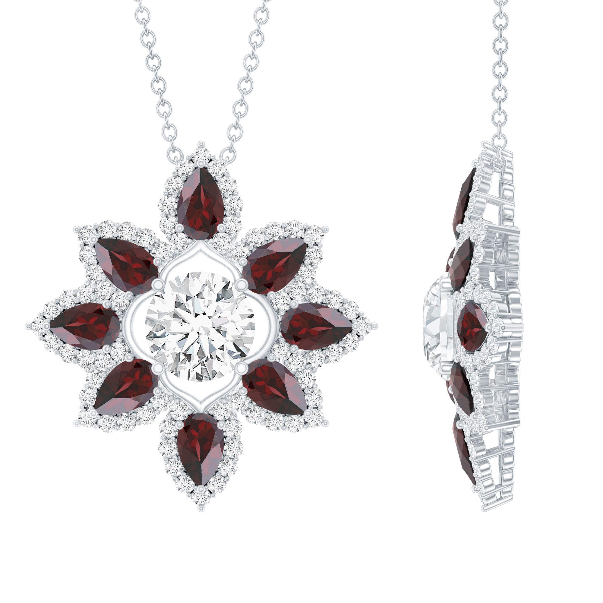 Certified 1.36 Carat Moissanite Statement Flower Necklace with Garnet