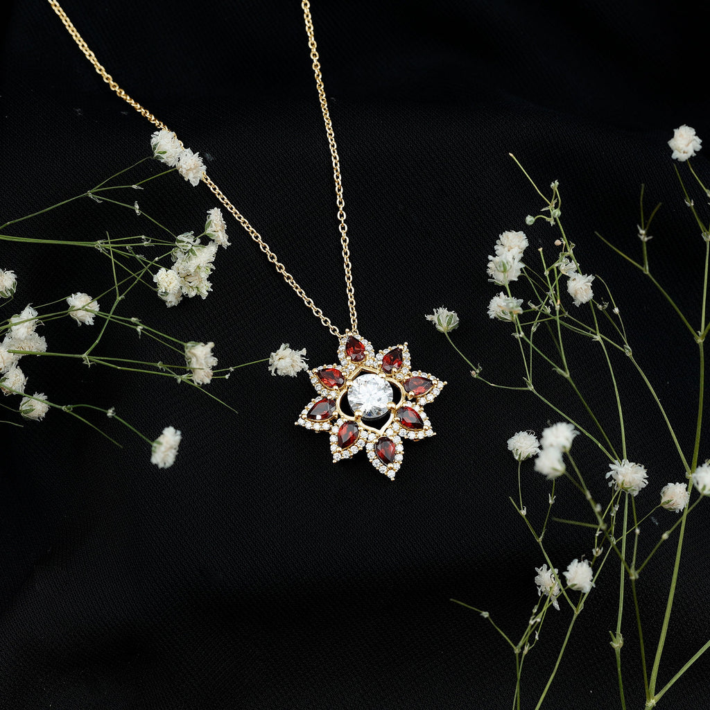 Certified Moissanite and Garnet Flower Pendant