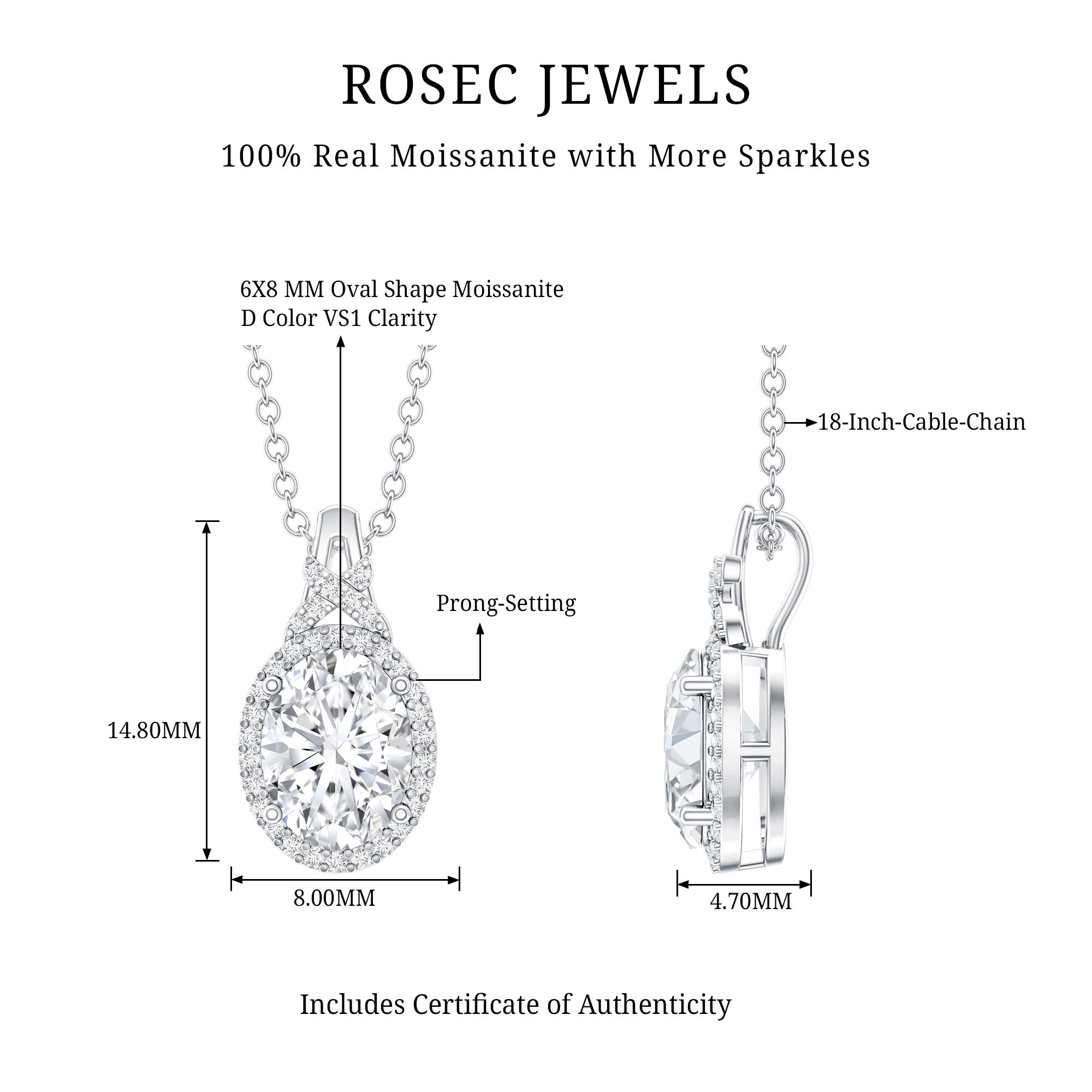 1 Carat Certified Moissanite Oval Pendant with Halo