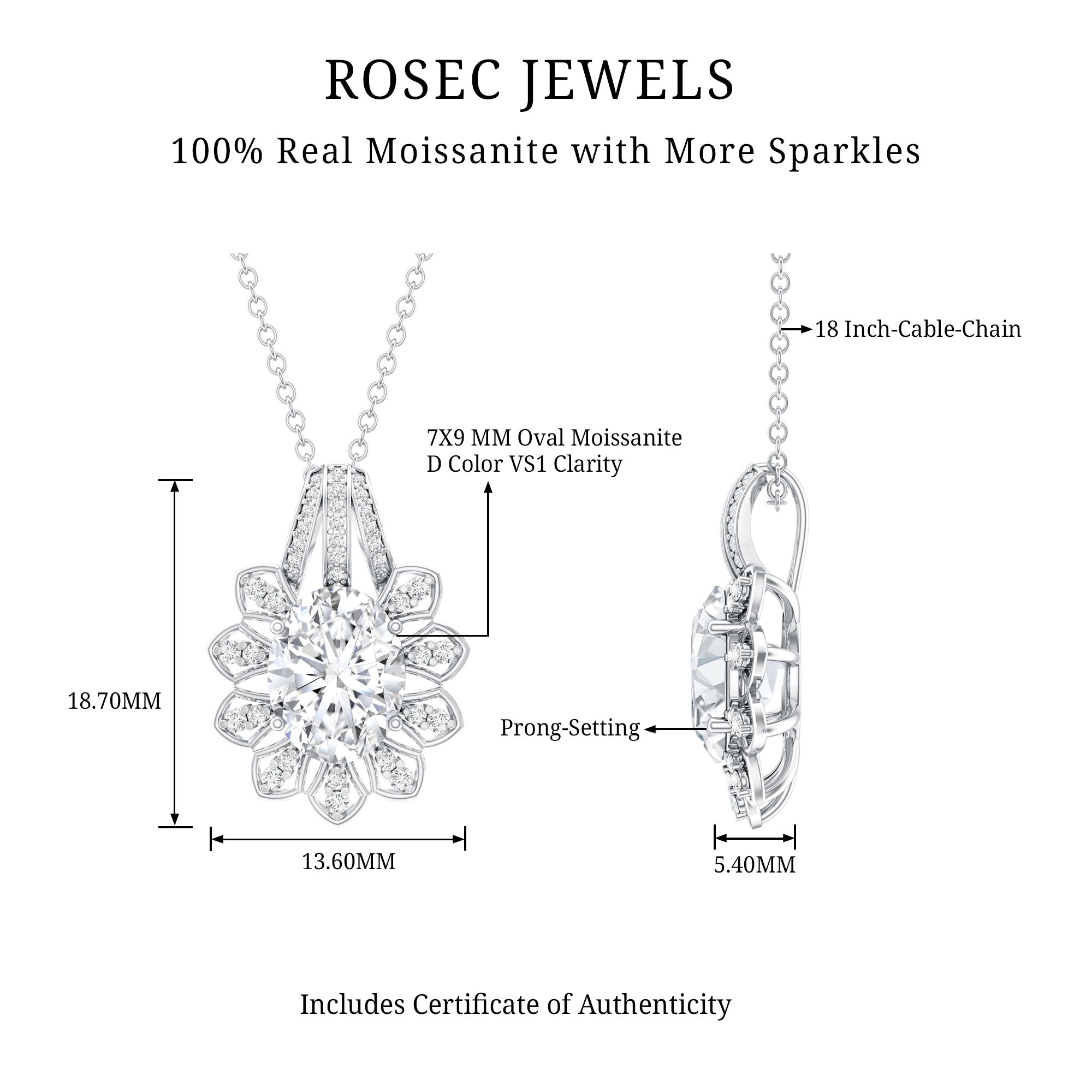Certified 2 Carat Oval Moissanite Vintage Necklace with Silver Chain