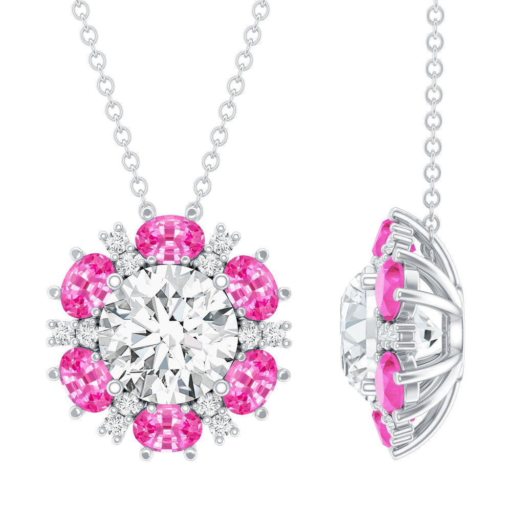 Certified 2 CT Moissanite and Lab Grown Pink Sapphire Flower Pendant Necklace