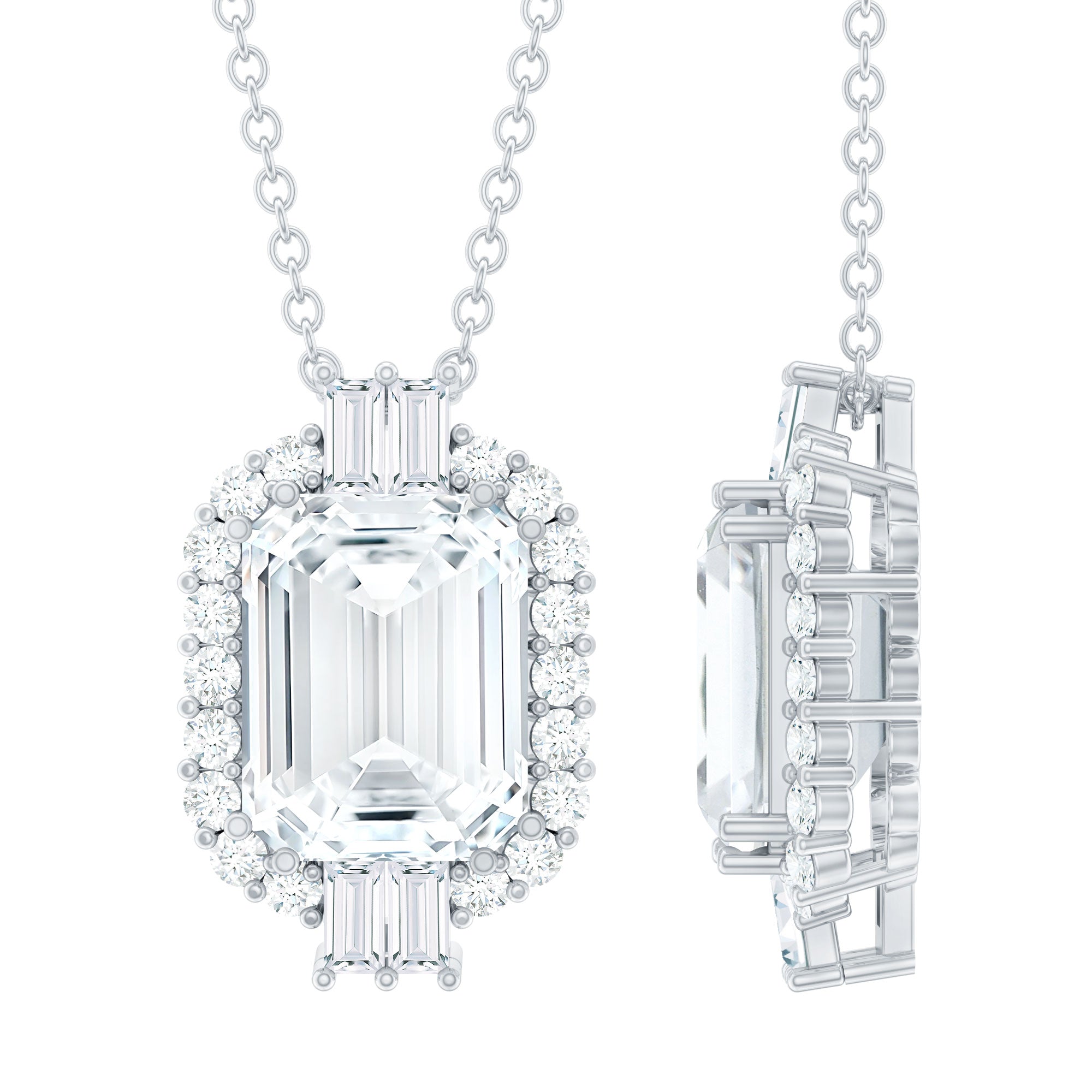Vintage Inspired 2.8 Carat Emerald Cut Moissanite Halo Necklace