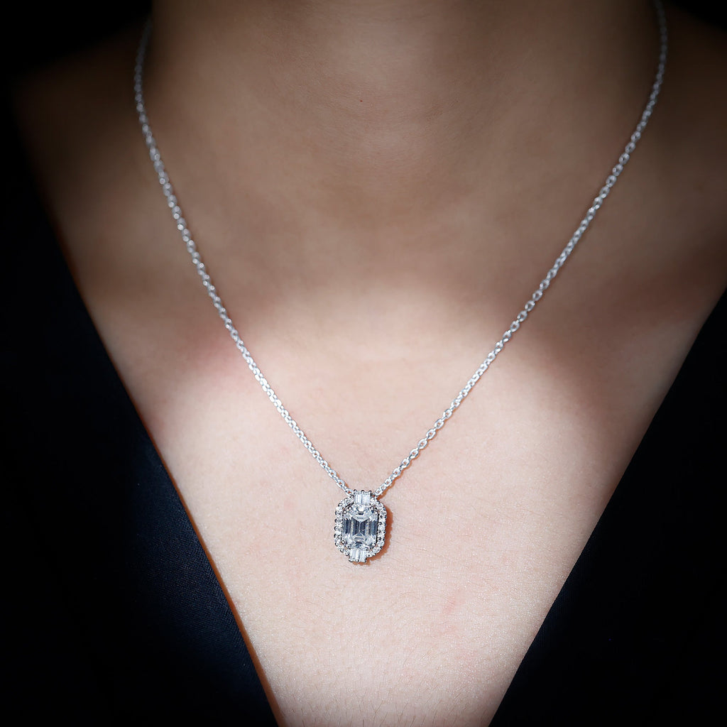 Vintage Inspired 2.8 Carat Emerald Cut Moissanite Halo Necklace