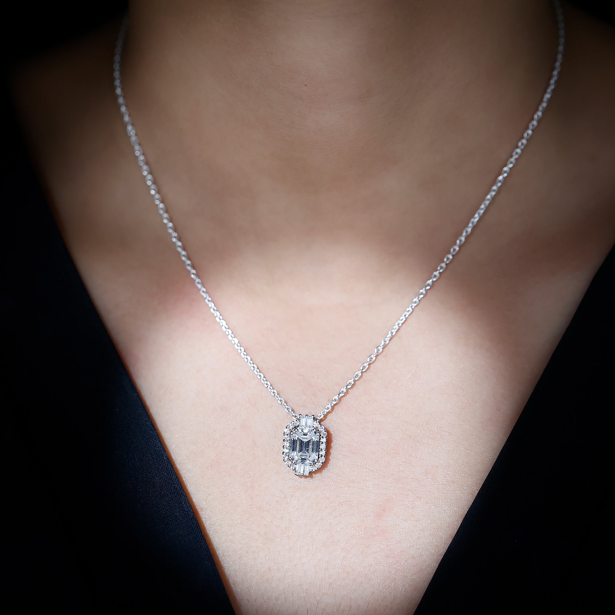 Vintage Inspired 2.8 Carat Emerald Cut Moissanite Halo Necklace