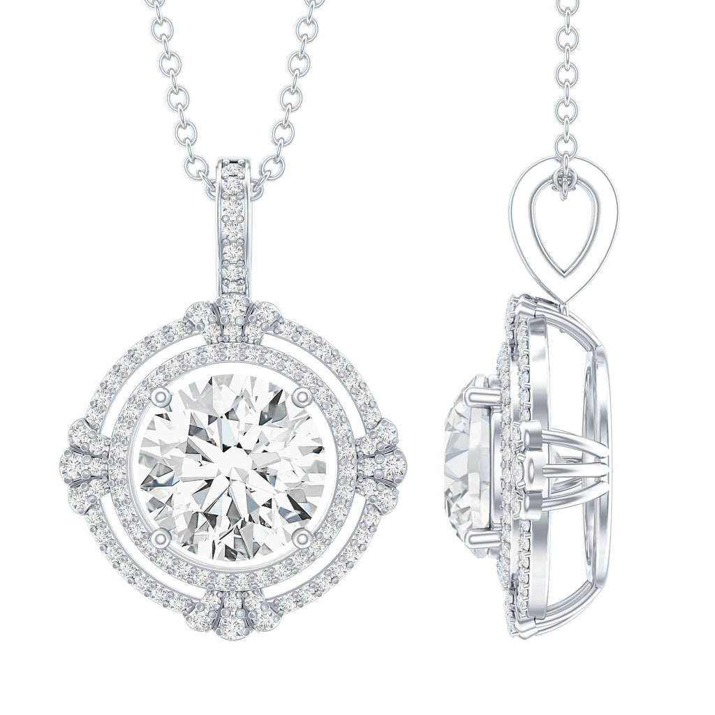 Certified 2 Carat Moissanite Double Halo Necklace with Silver Chain