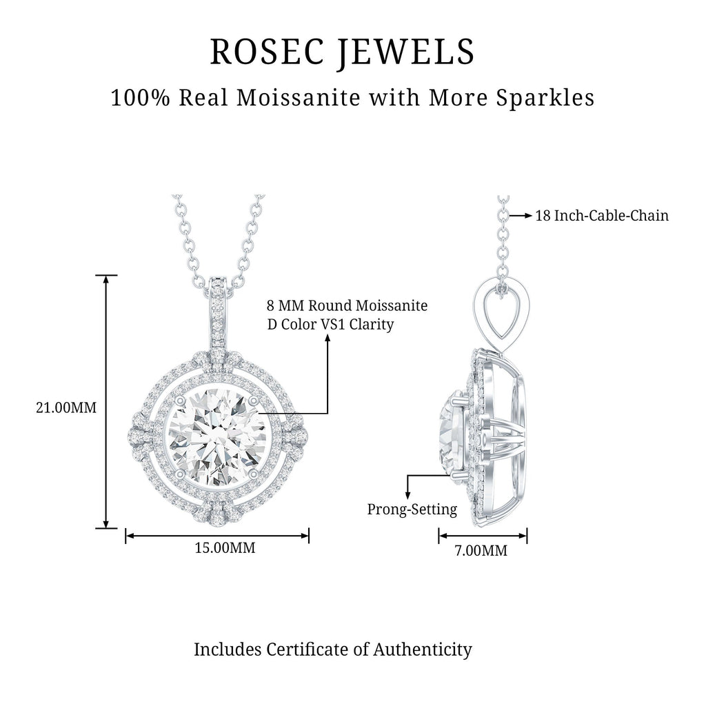 Certified 2 Carat Moissanite Double Halo Necklace with Silver Chain