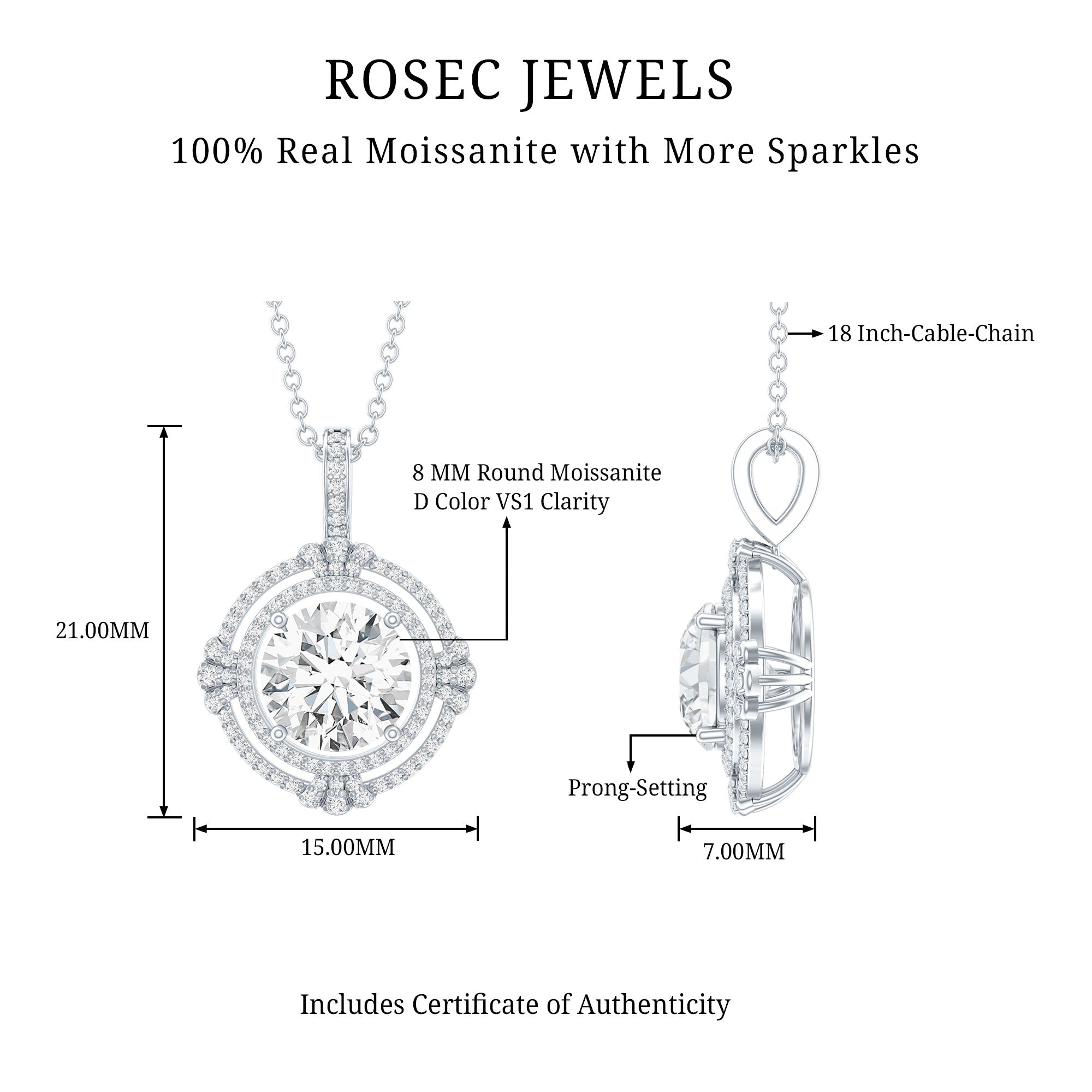 Certified 2 Carat Moissanite Double Halo Necklace with Silver Chain