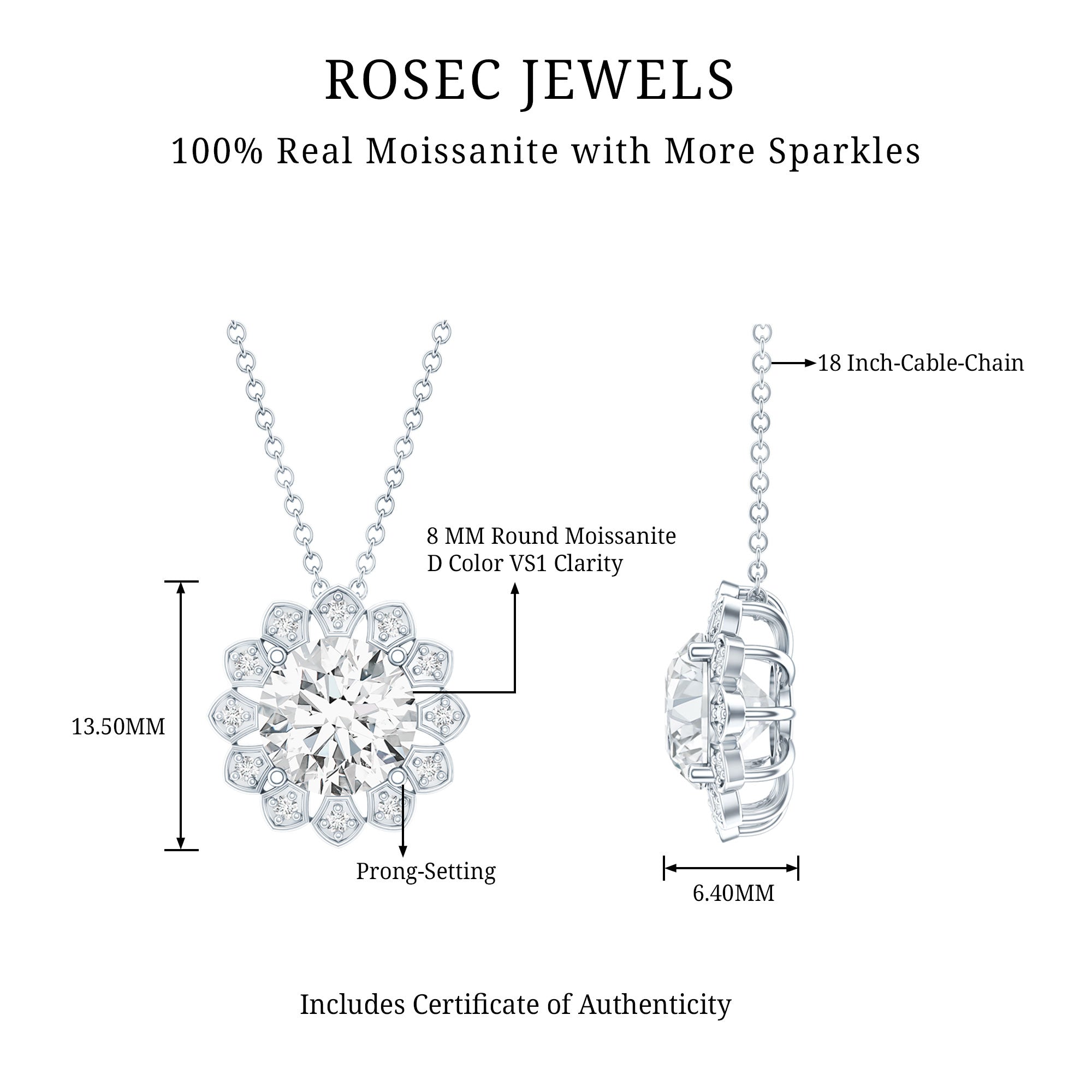 Certified 2 CT Moissanite Statement Flower Necklace with Silver Chain