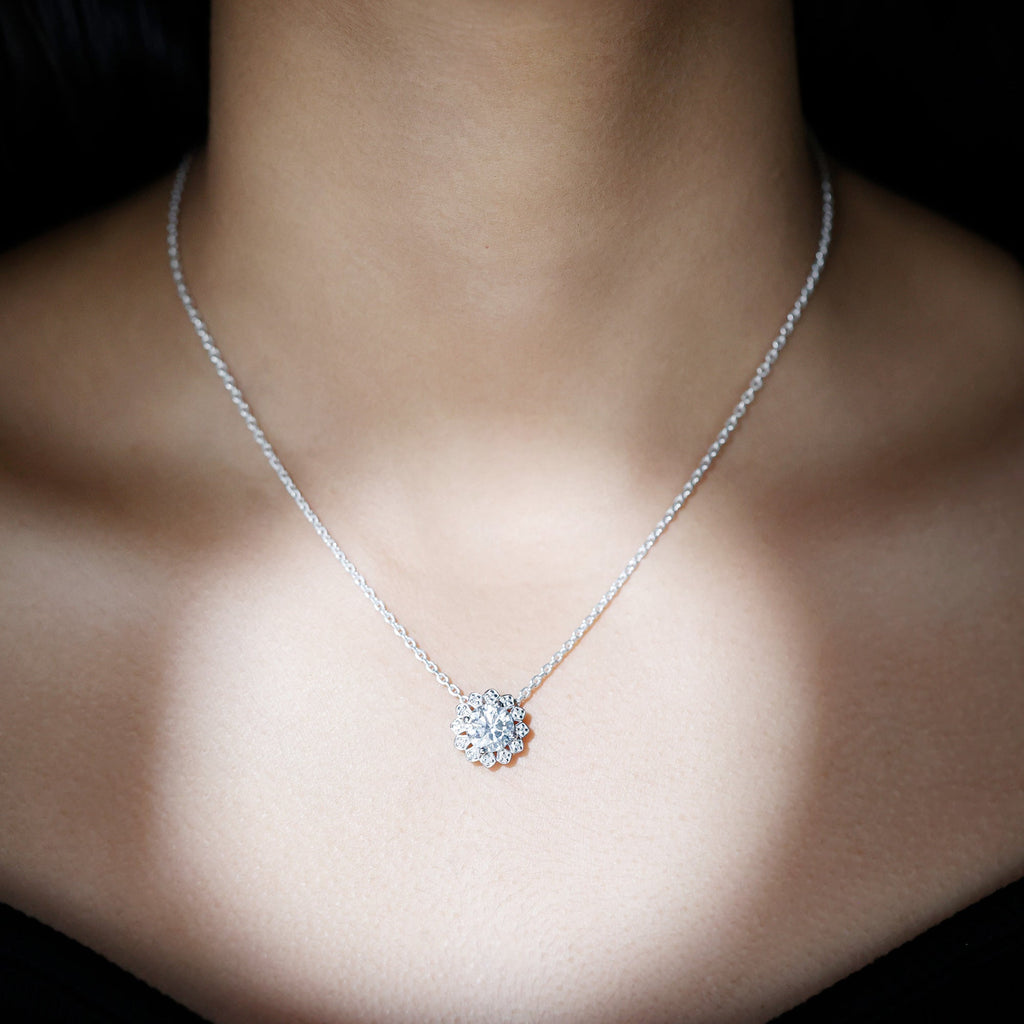 Certified 2 CT Moissanite Statement Flower Necklace with Silver Chain