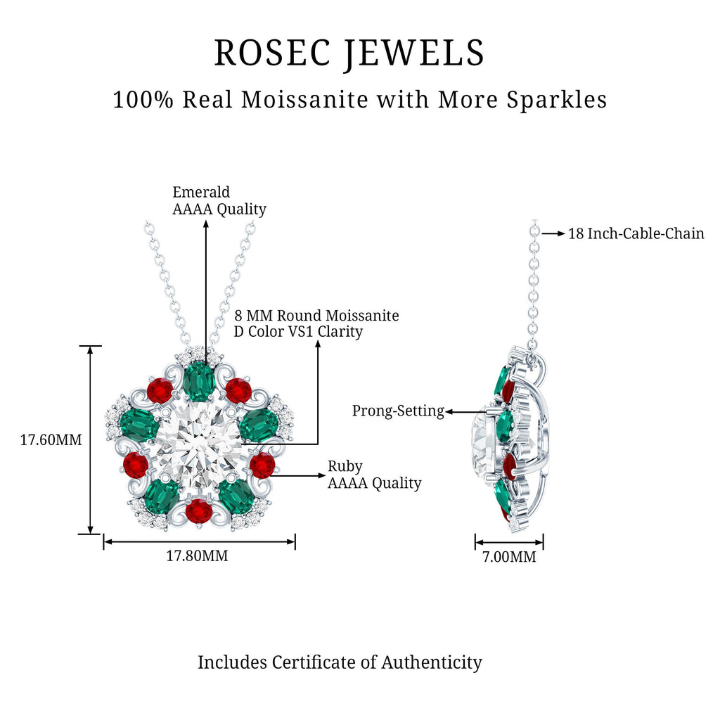 Certified 2 Carat Moissanite Statement Necklace with Lab Ruby and Emerald
