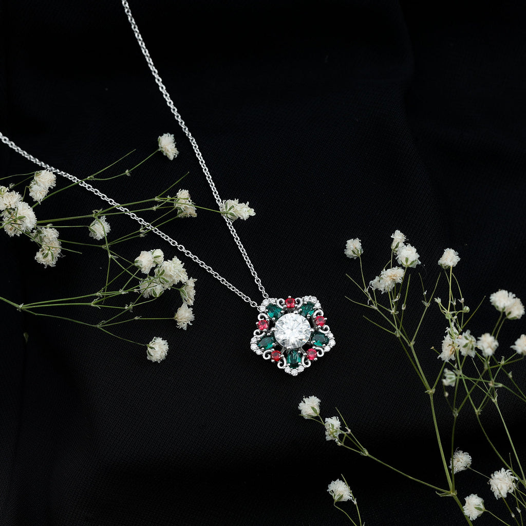 Certified 2 Carat Moissanite Statement Necklace with Lab Ruby and Emerald
