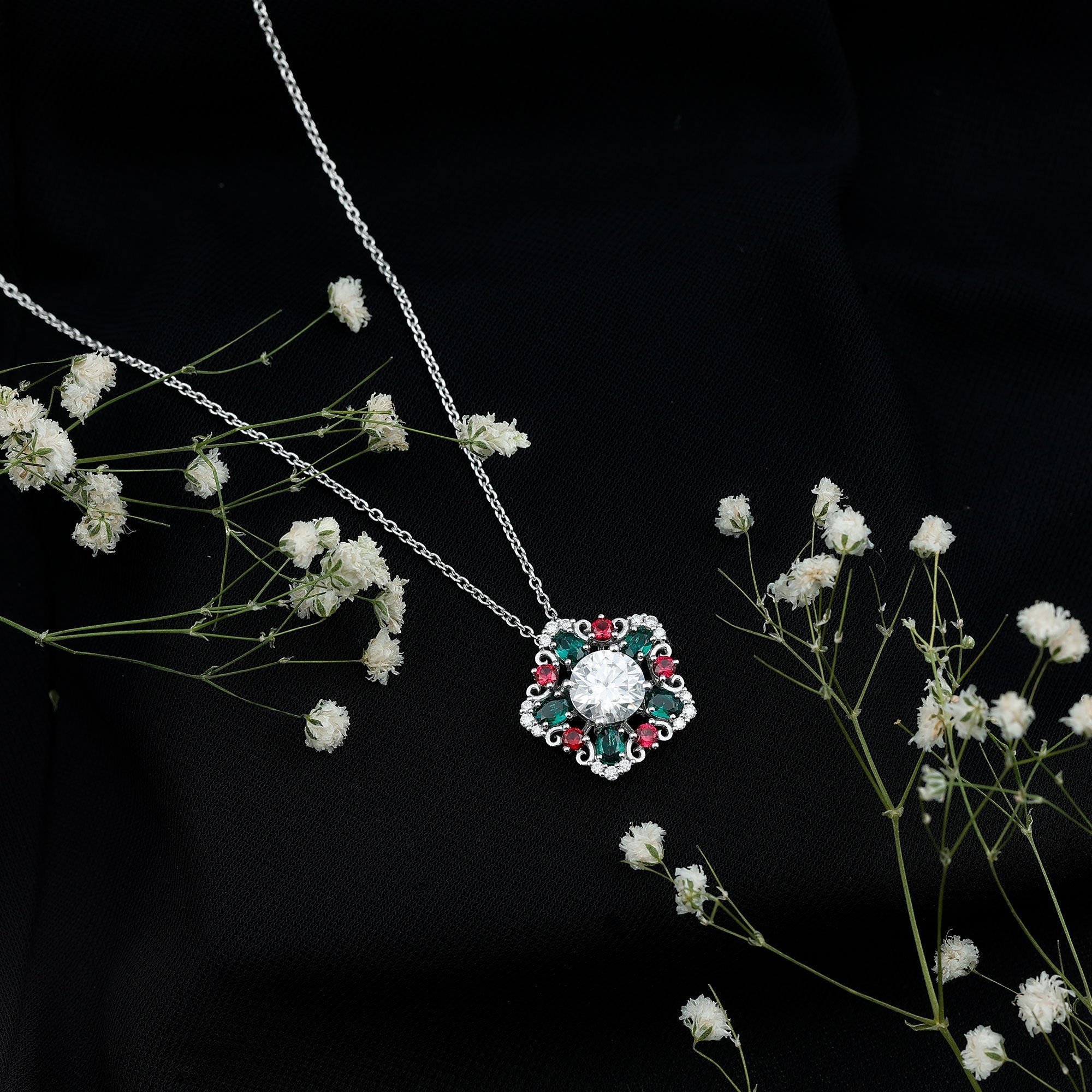 Certified 2 Carat Moissanite Statement Necklace with Lab Ruby and Emerald