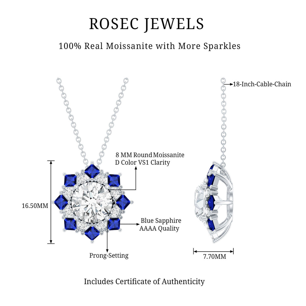 Certified Moissanite and Lab Sapphire Designer Necklace With Chain