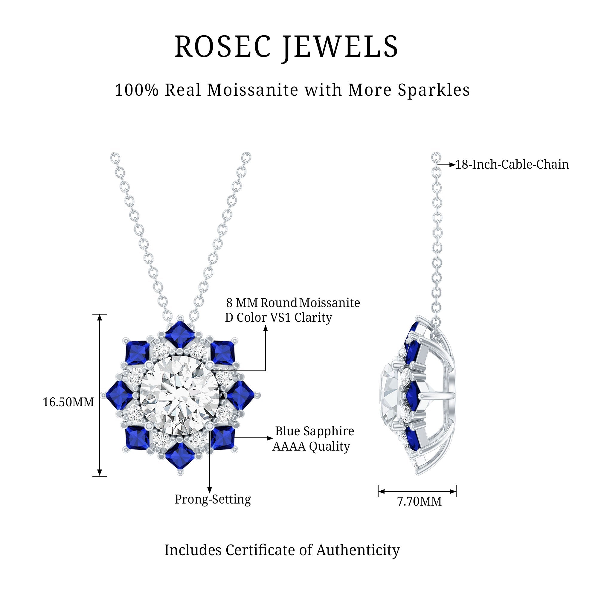 Certified Moissanite and Lab Sapphire Designer Necklace With Chain