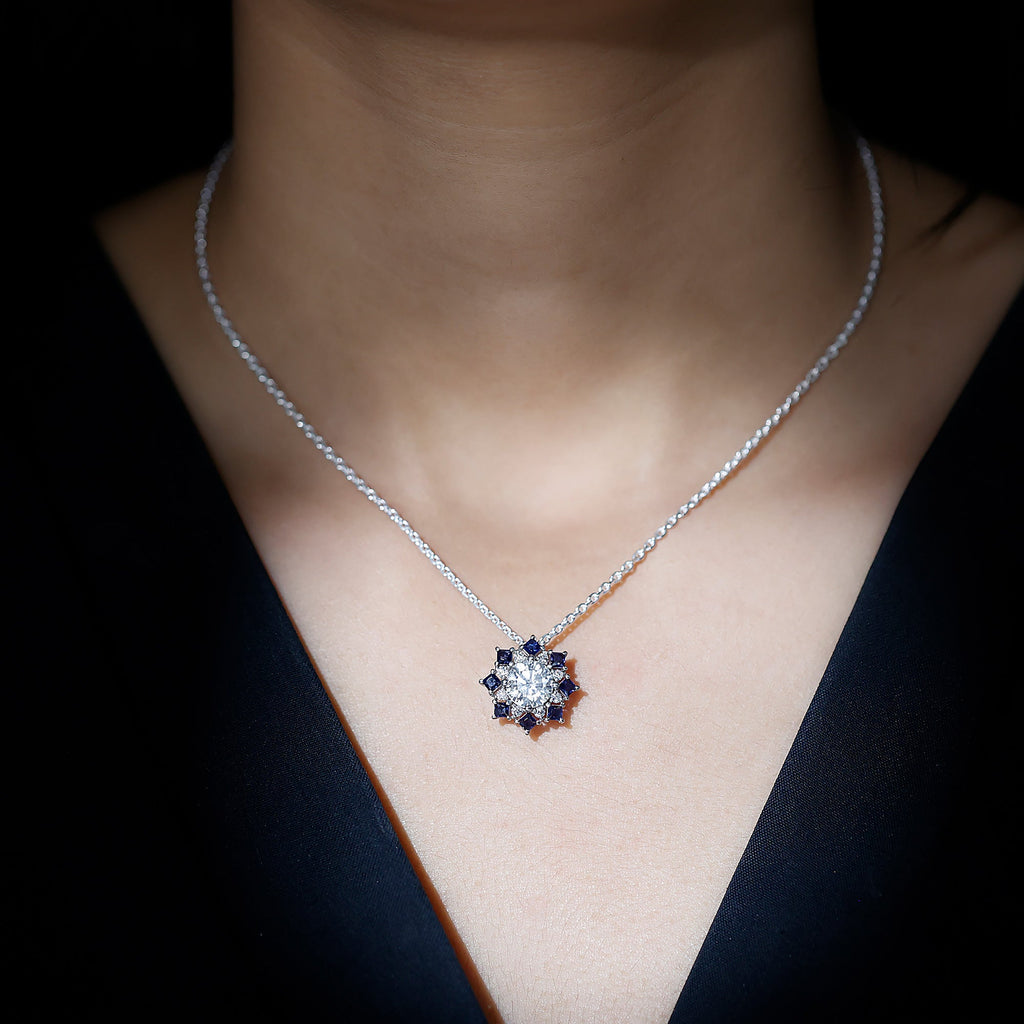 Certified Moissanite and Lab Sapphire Designer Necklace With Chain