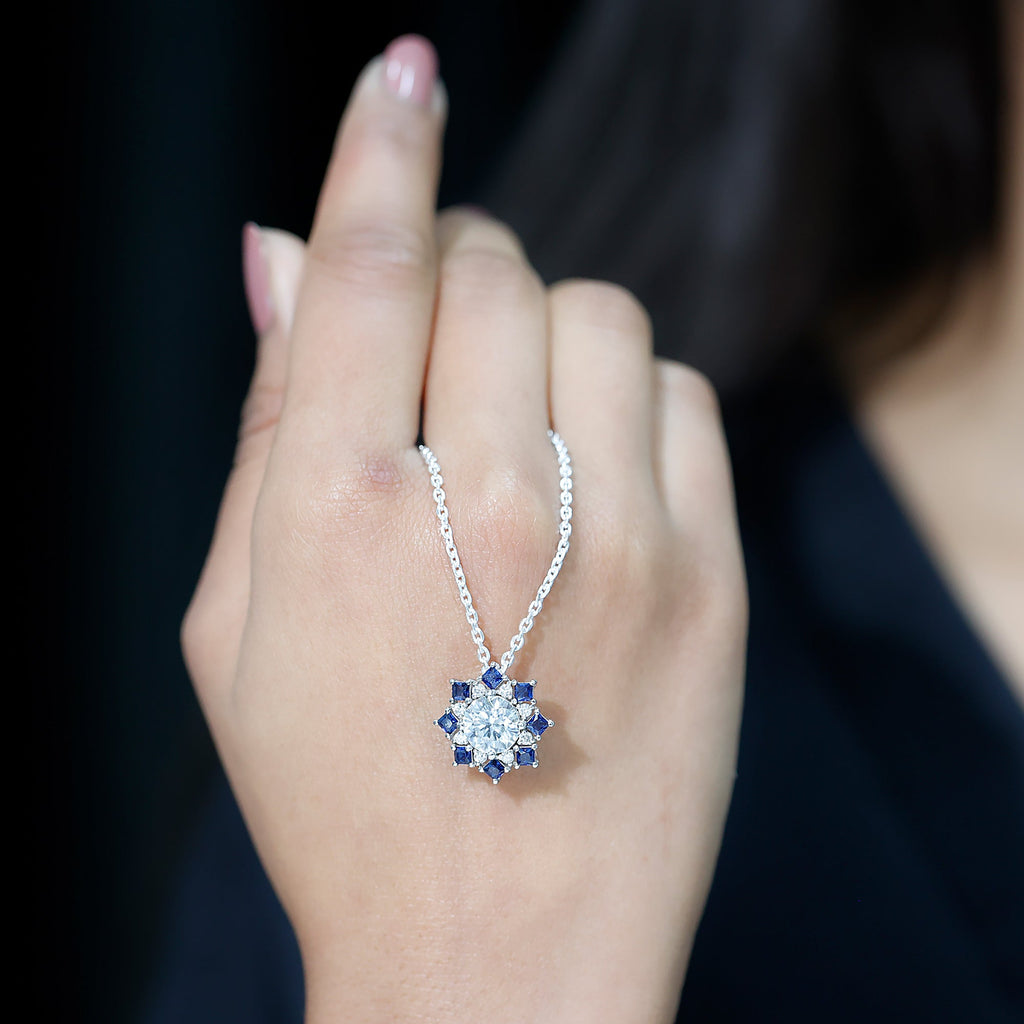 Certified Moissanite and Lab Sapphire Designer Necklace With Chain