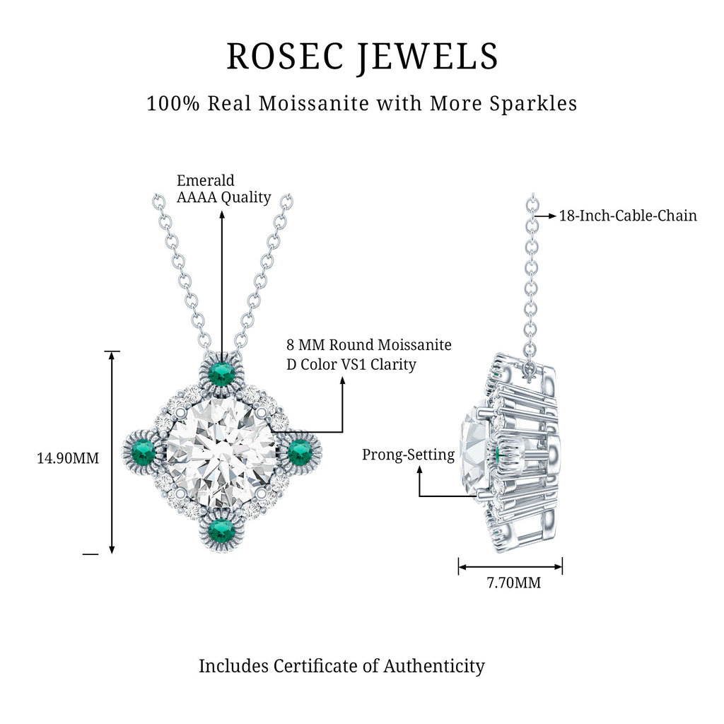 2 Carat Moissanite Vintage Inspired Necklace with Lab Emerald