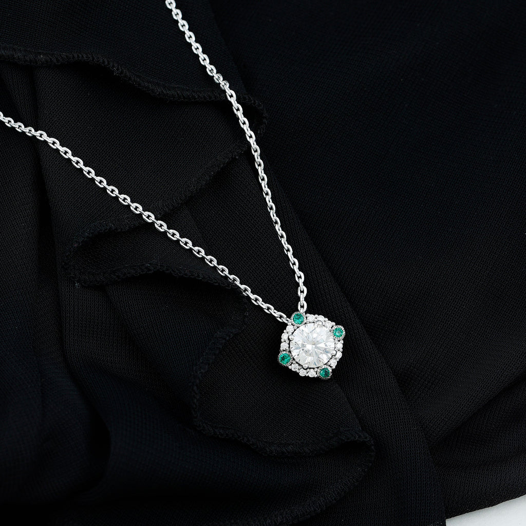 2 Carat Moissanite Vintage Inspired Necklace with Lab Emerald