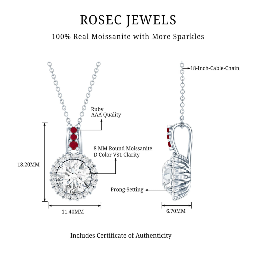 Sterling Silver 2 Carat Moissanite Halo Pendant Necklace with Ruby