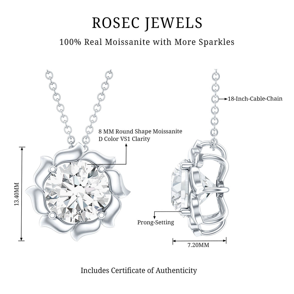 2 Carat Solitaire Moissanite Flower Pendant with Silver Chain