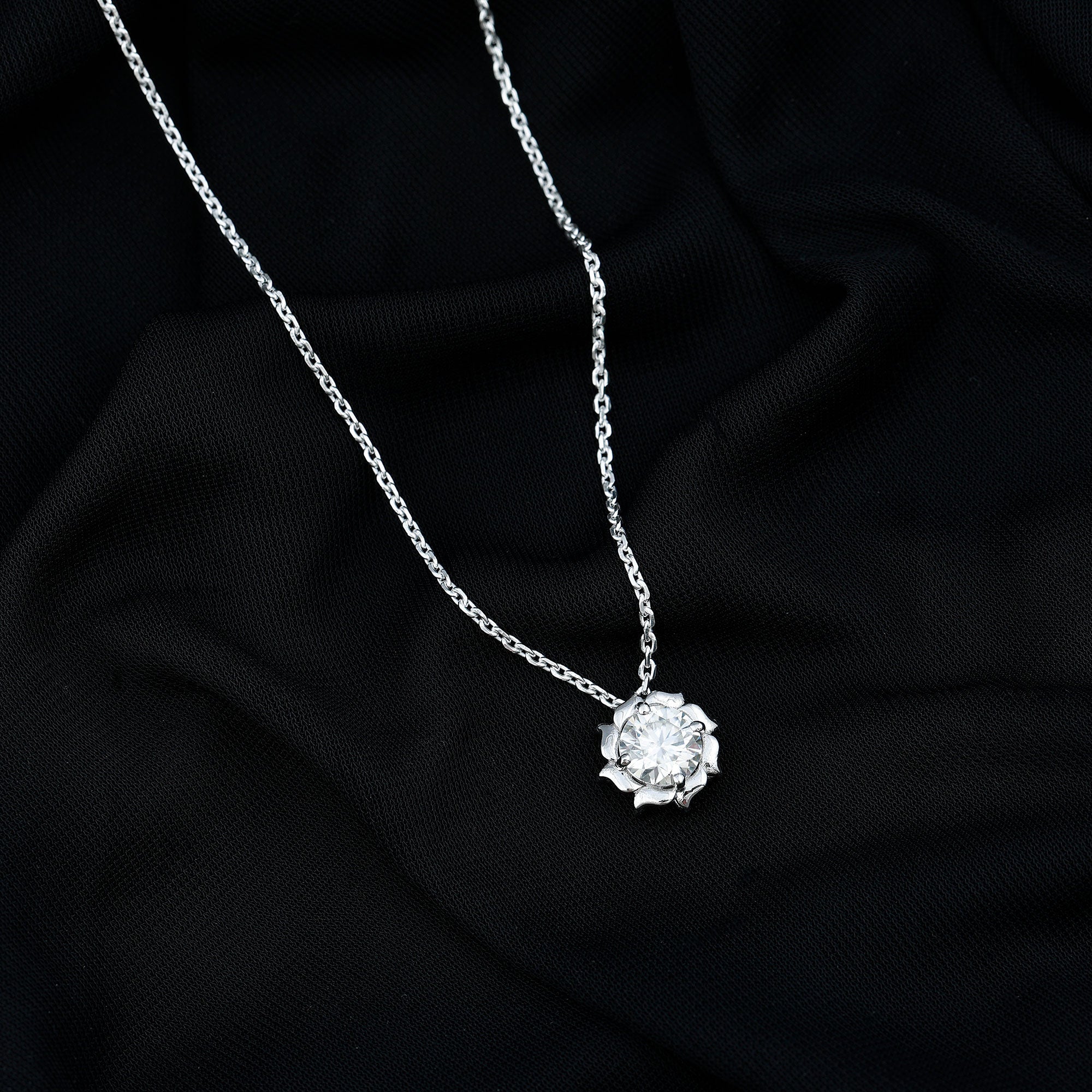2 Carat Solitaire Moissanite Flower Pendant with Silver Chain