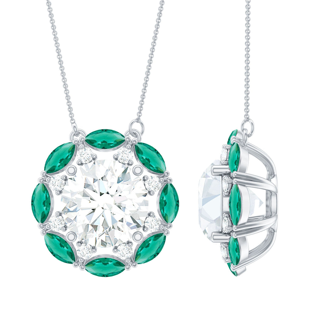 2 Carat Moissanite Statement Halo Necklace with Lab Grown Emerald