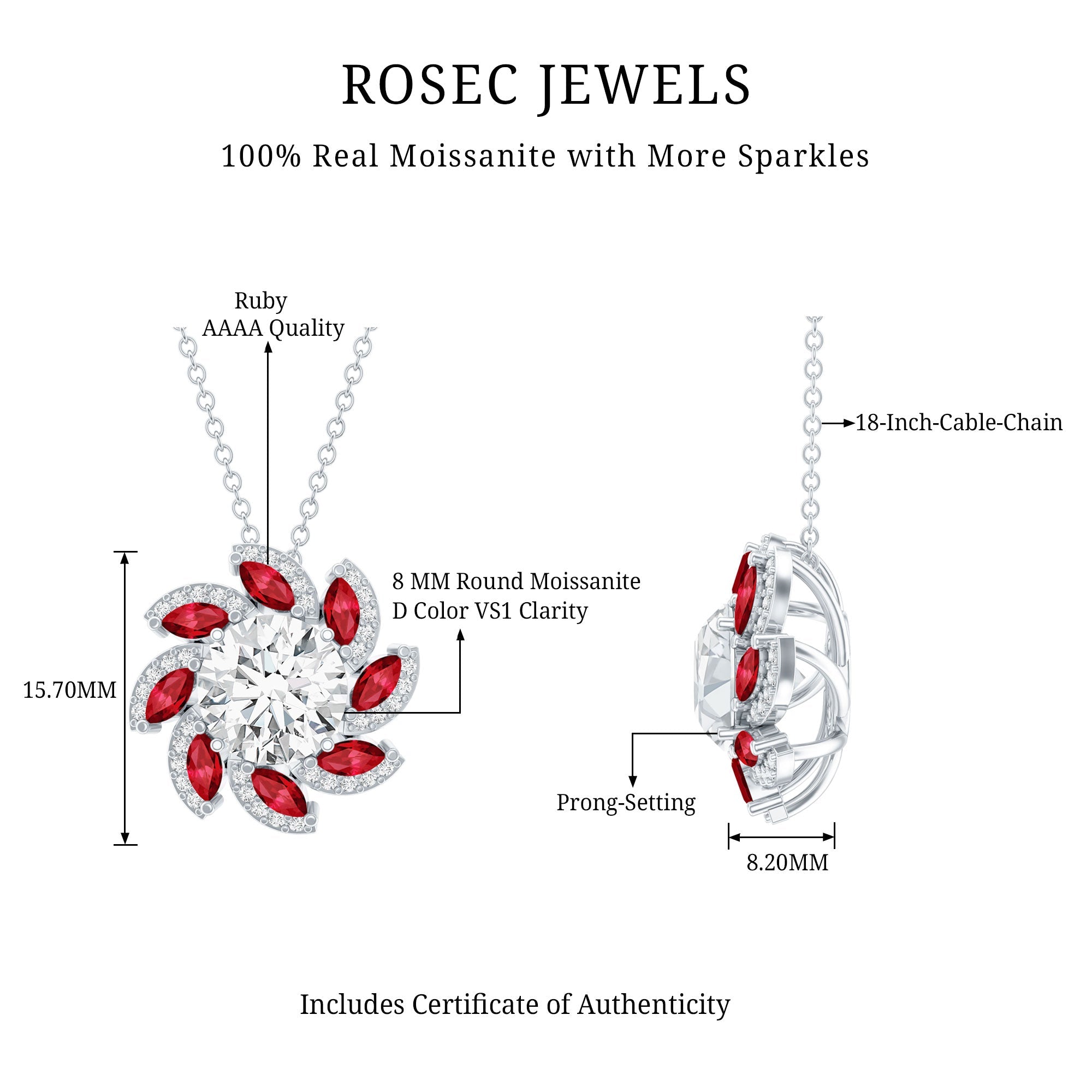 2 Carat Moissanite and Lab Ruby Flower Pendant Necklace