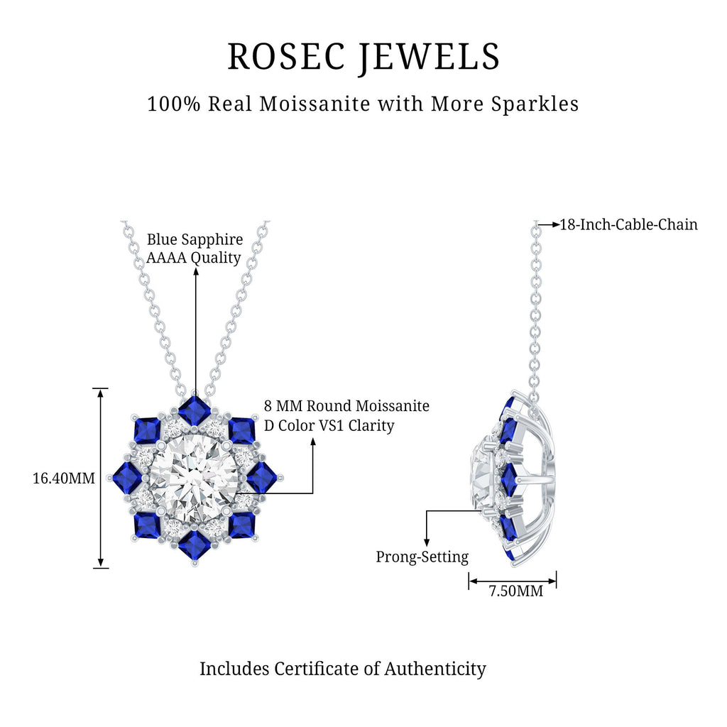 Certified 2 Carat Moissanite and Sapphire Designer Necklace with Silver Chain