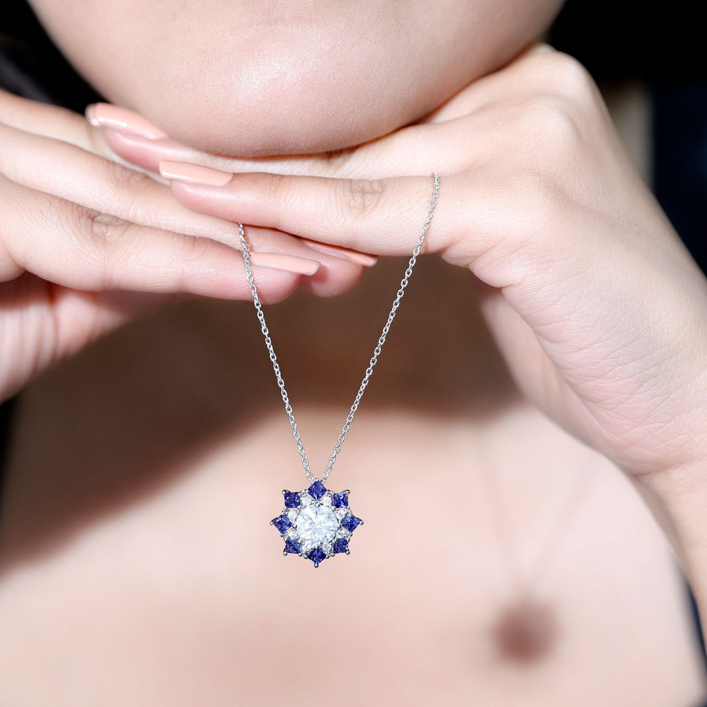 Certified 2 Carat Moissanite and Sapphire Designer Necklace with Silver Chain