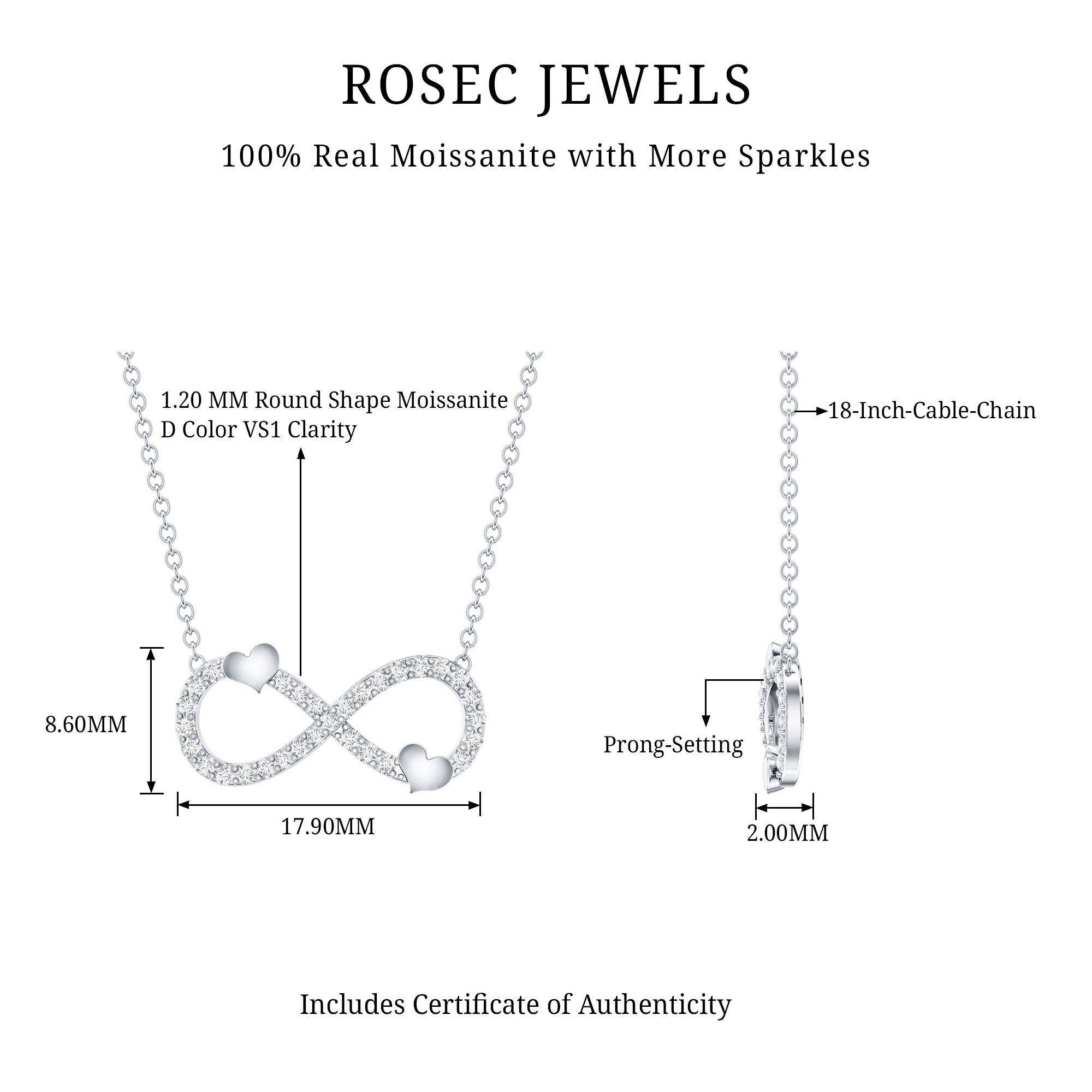 Certified Moissanite Infinity Heart Necklace in 14K Gold Plated Silver