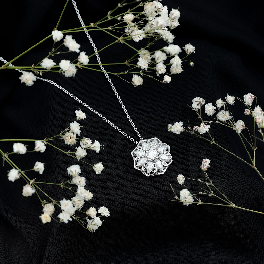 Certified Moissanite Flower Pendant Necklace with Chain
