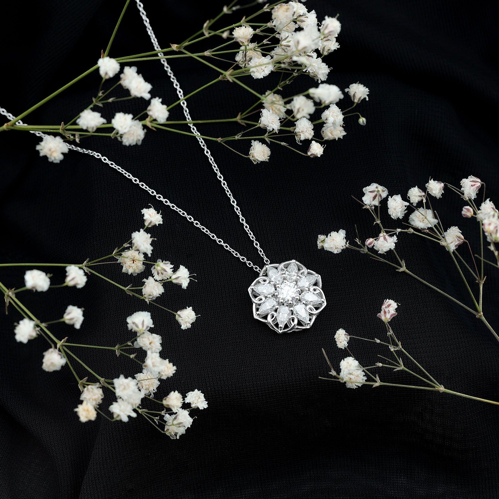 Certified Moissanite Flower Pendant Necklace with Chain