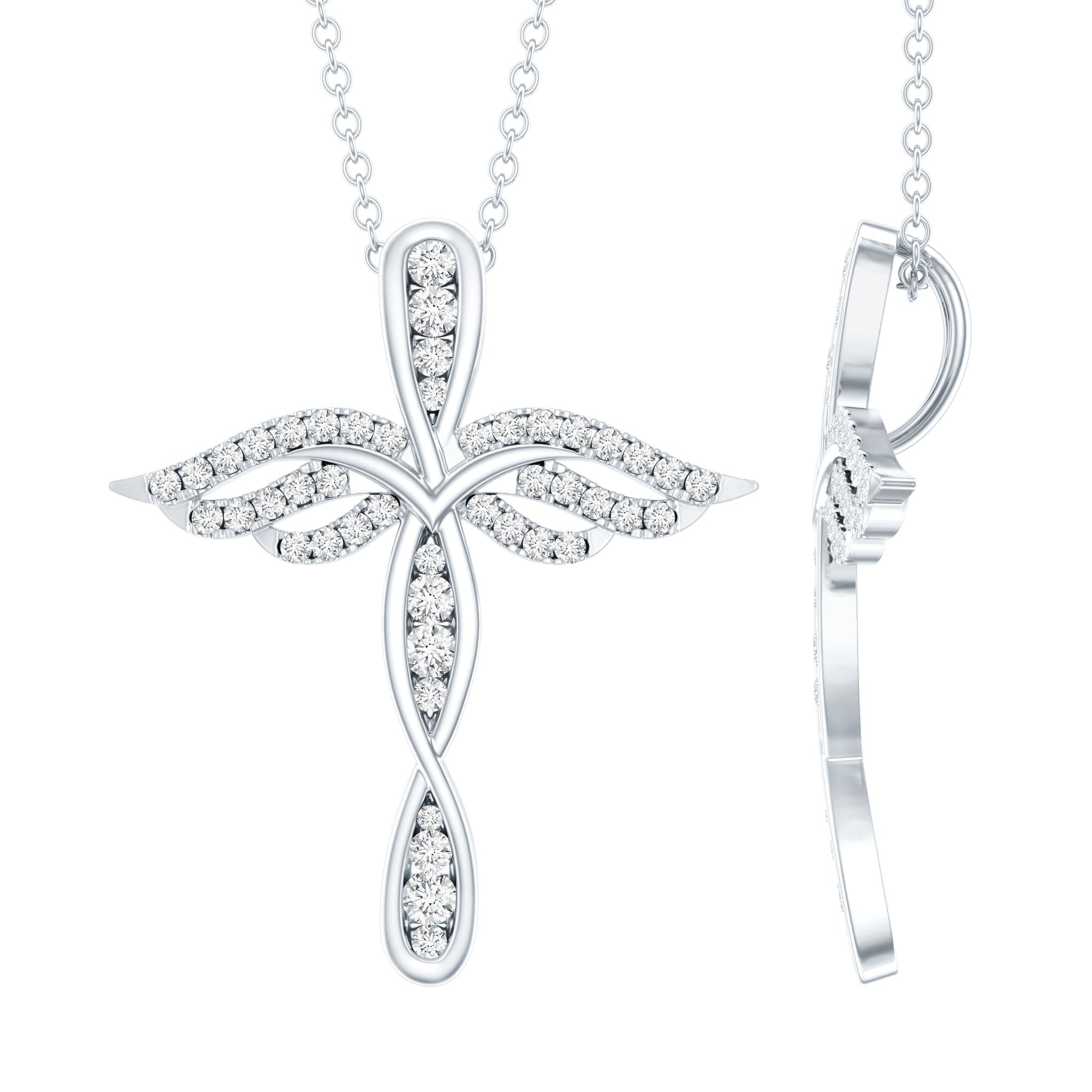 Certified Moissanite Angel Wings Cross Necklace with Silver Chain