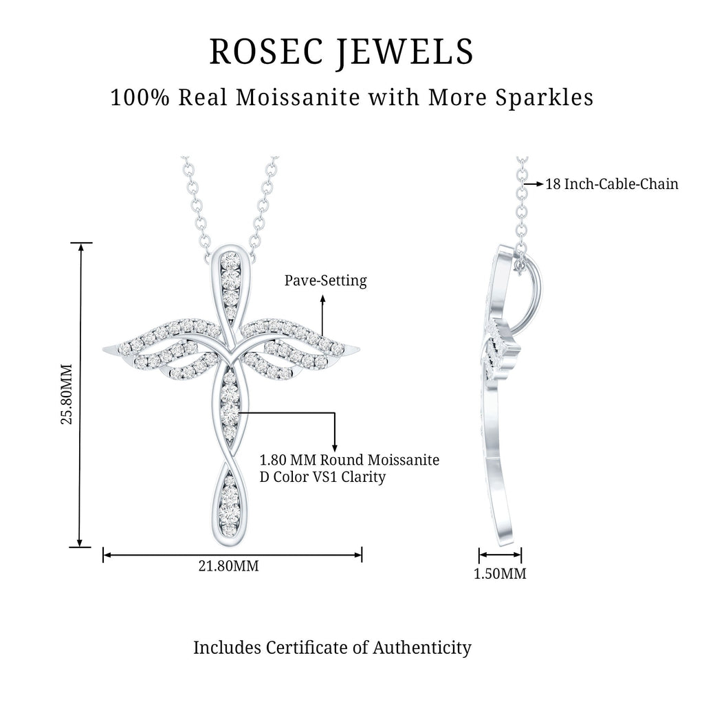 Certified Moissanite Angel Wings Cross Necklace with Silver Chain