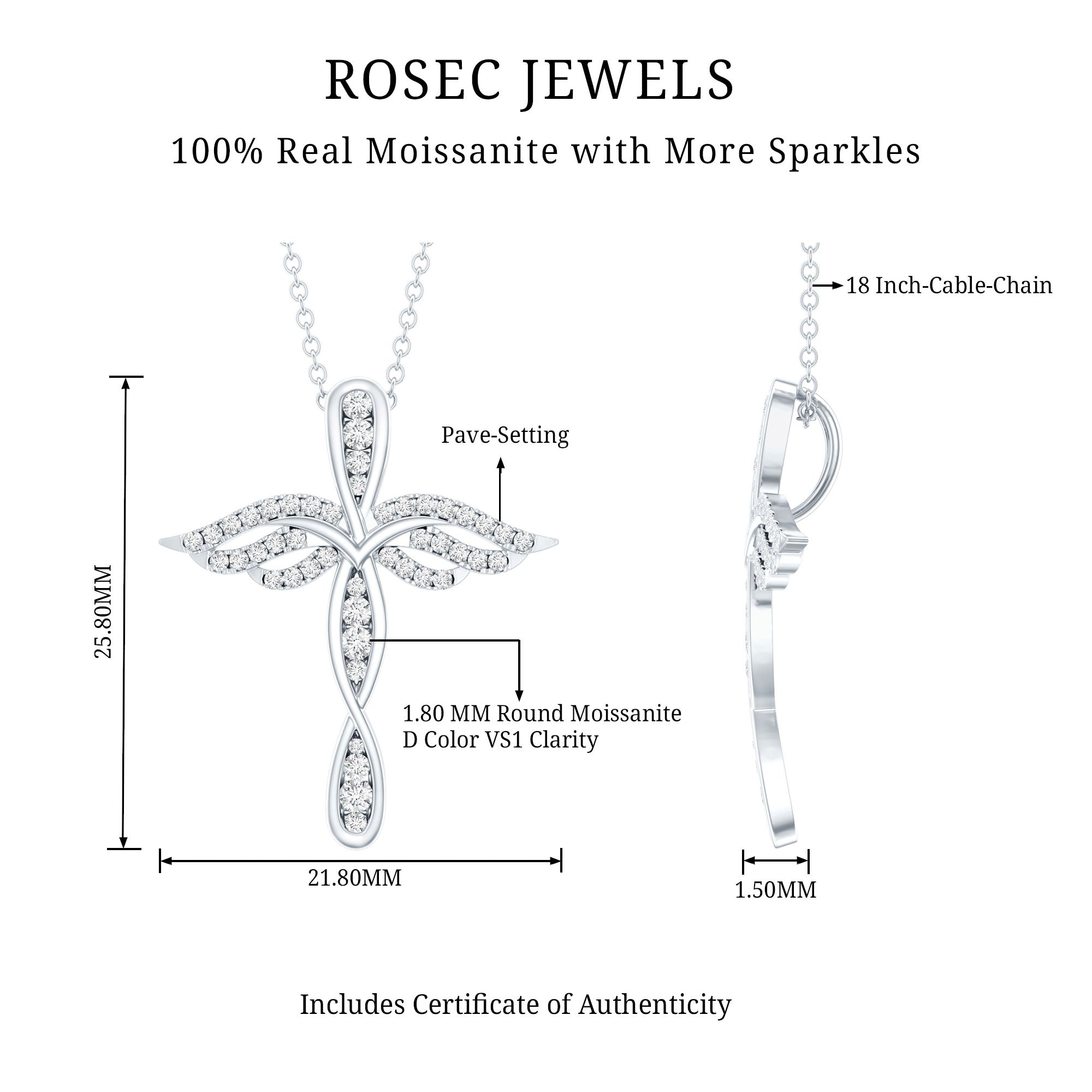 Certified Moissanite Angel Wings Cross Necklace with Silver Chain