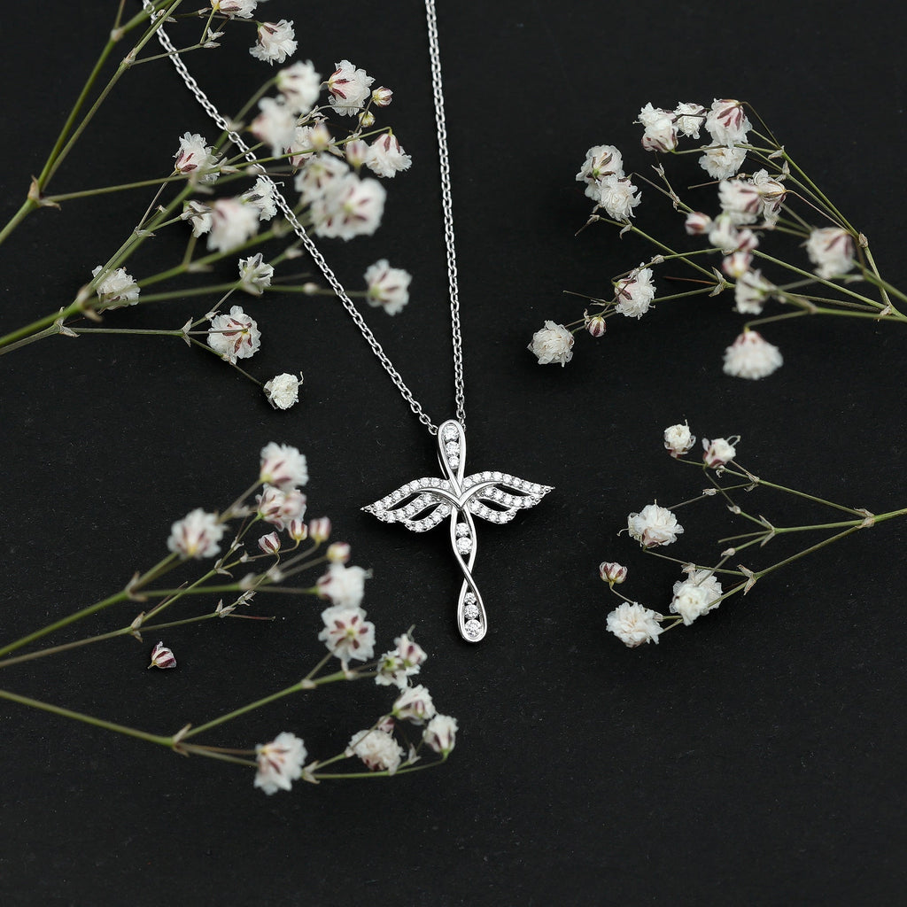 Certified Moissanite Angel Wings Cross Necklace with Silver Chain